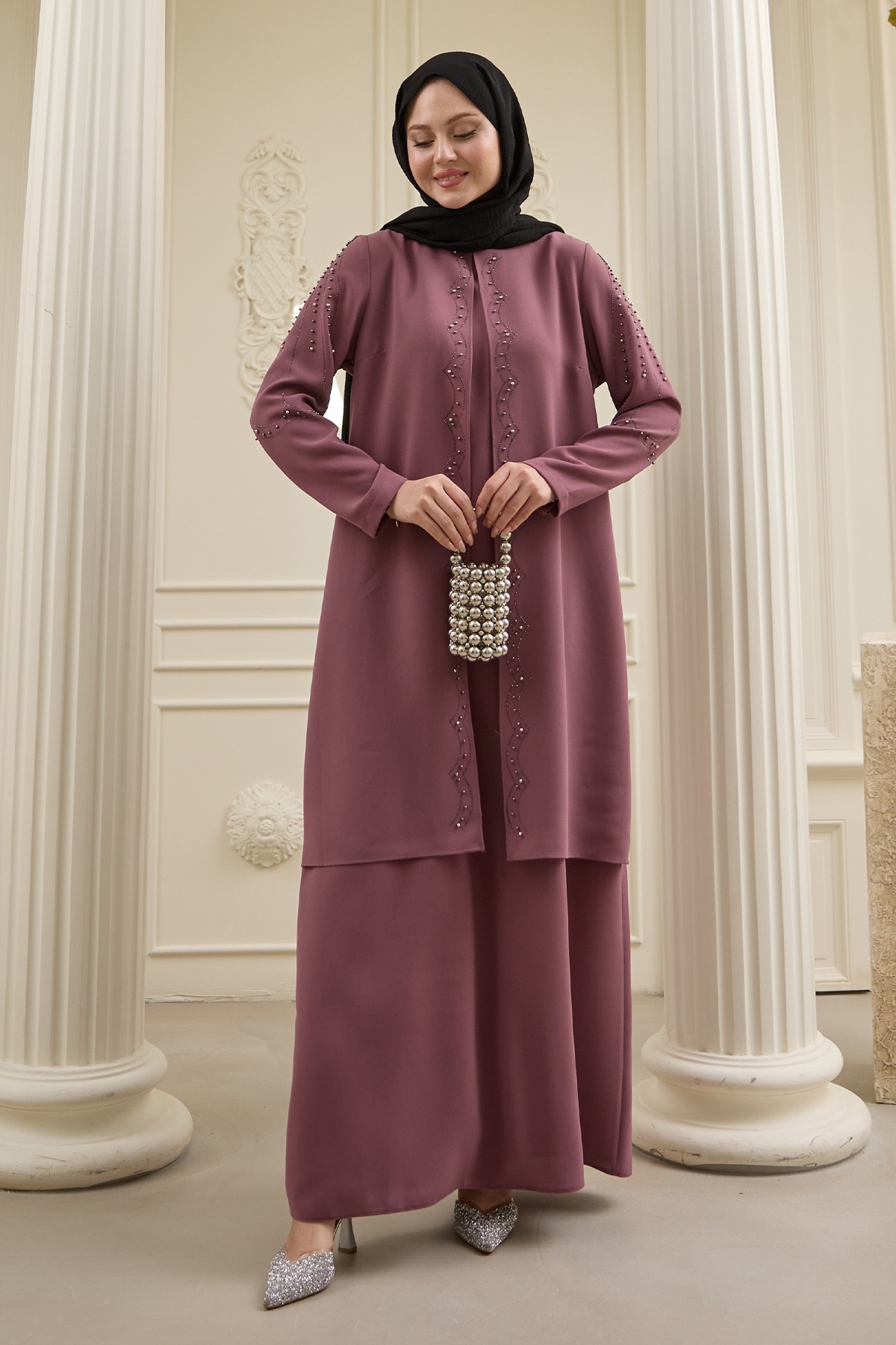 InStyle Pearl Detailed Piece Detail Dusty Rose Abaya- Trendyol