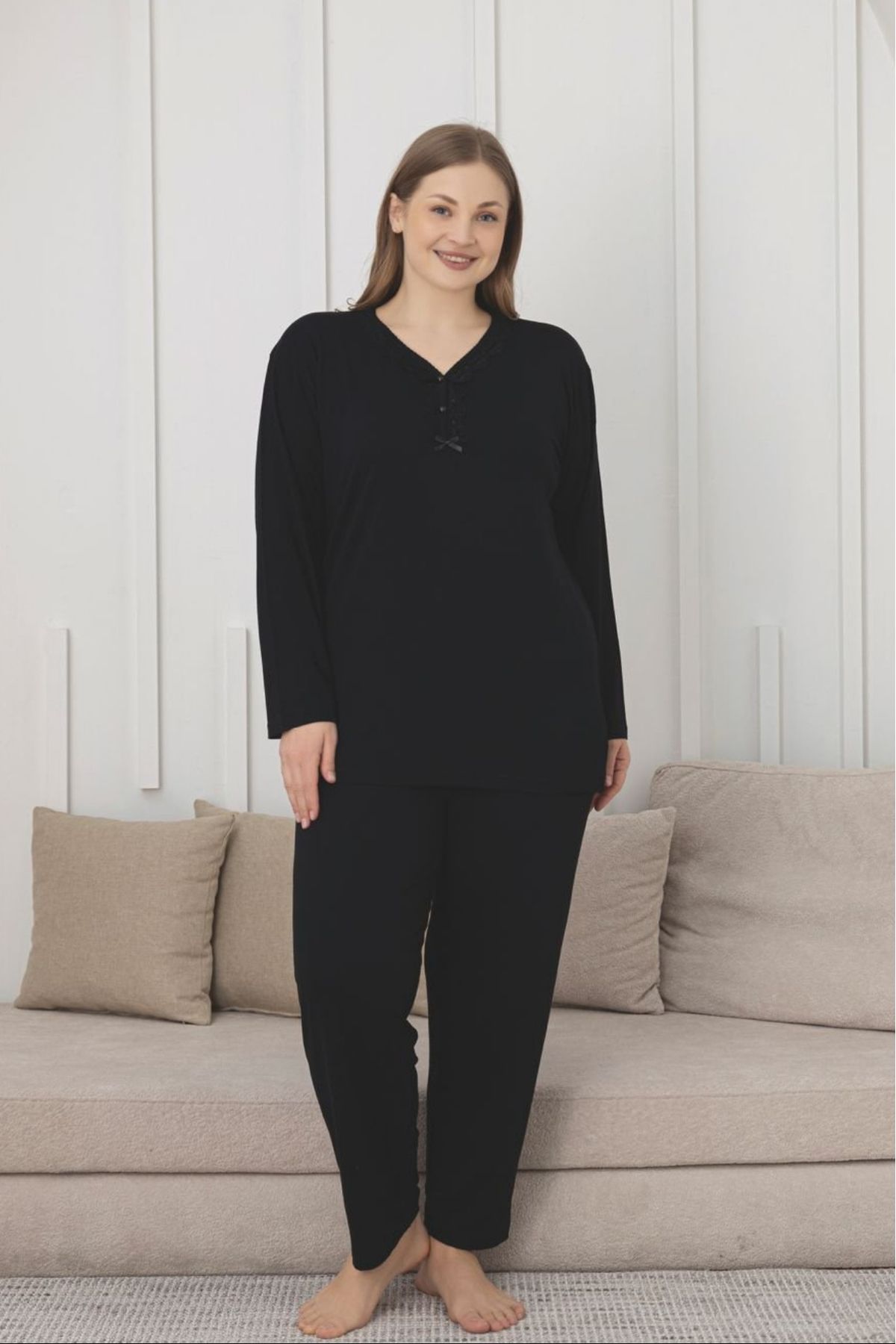 Farya Home-X-Dreamy Large Size Lycra Viscose Laced Long Sleeve Pajama Set 4