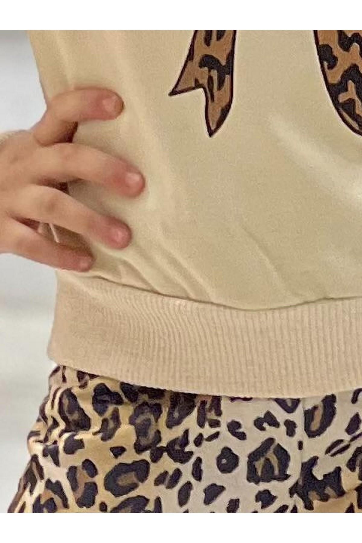 TRENDİMİZBİR-Girl's Leopard Patterned Bow Detailed Soft Textured Casual Style Top and Bottom Set 5