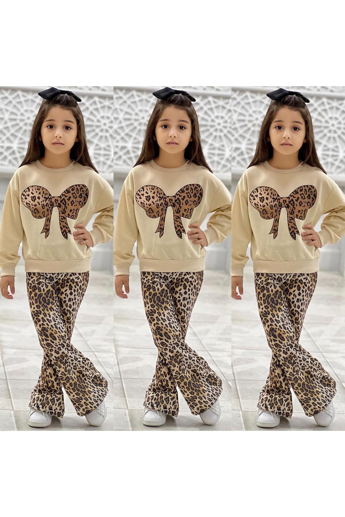 TRENDİMİZBİR-Girl's Leopard Patterned Bow Detailed Soft Textured Casual Style Top and Bottom Set 2