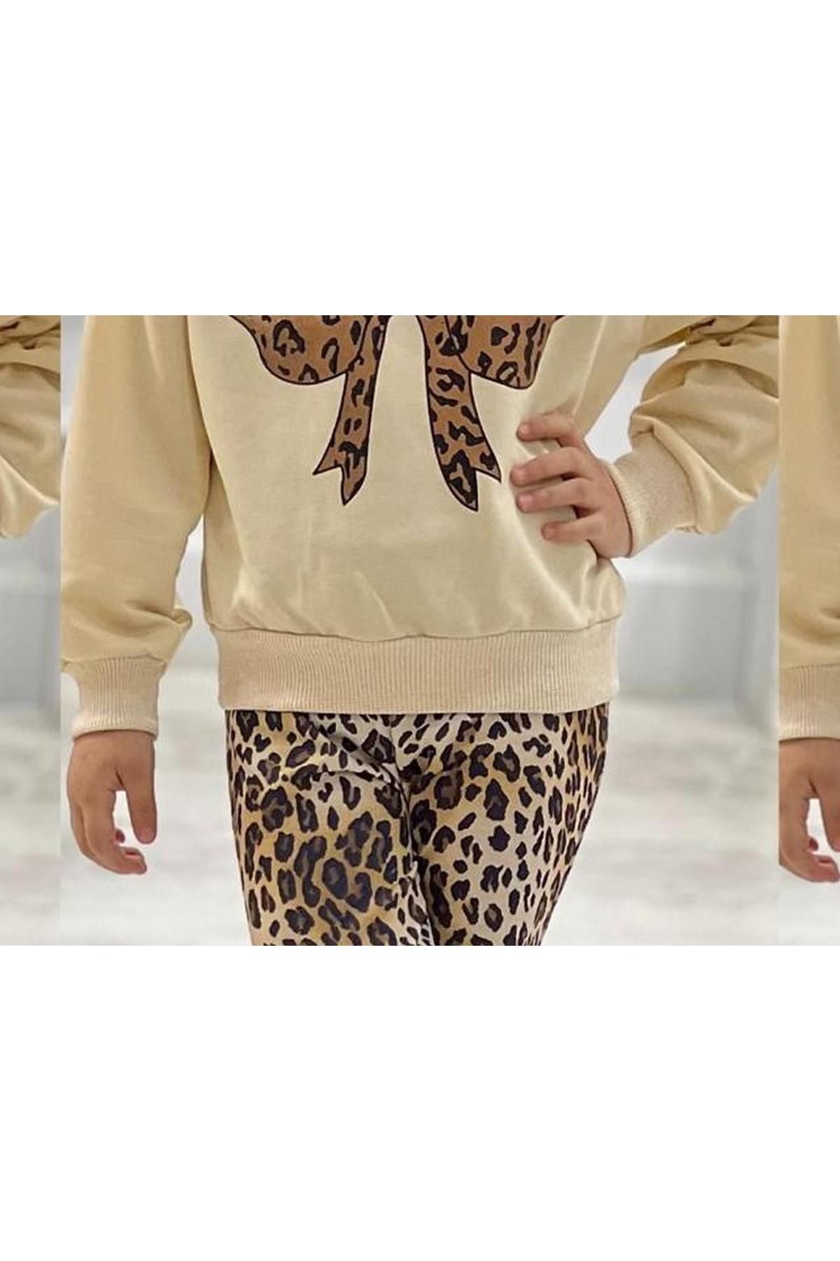 TRENDİMİZBİR-Girl's Leopard Patterned Bow Detailed Soft Textured Casual Style Top and Bottom Set 4