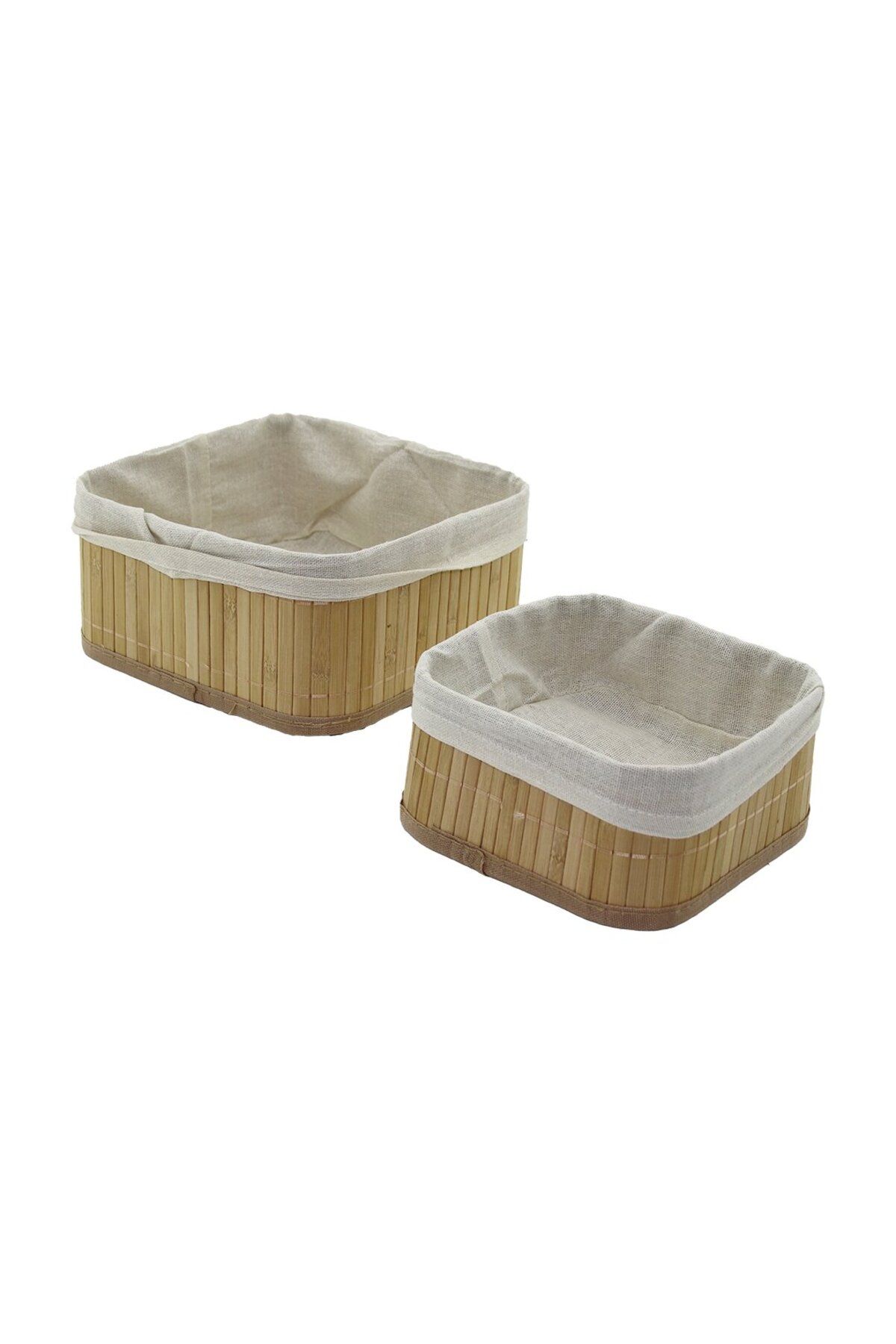 STOREMAX 2Lİ KARE BAMBU KENAR ORGANİZER SEPET AHŞAP ALTLIK - BEZLİ 21X21X10CM - 17X17X8CM