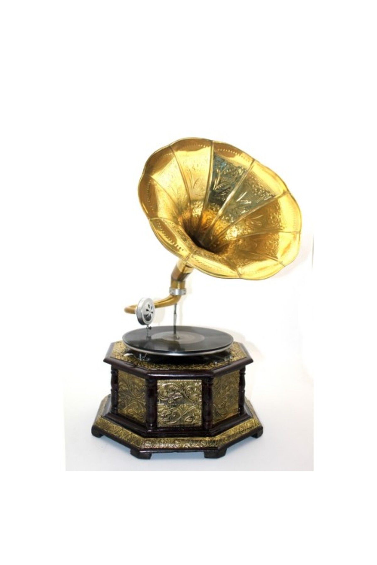 Mu Art Ahşap Ahşap Sekizgen Gramofon Plak Çalar Metal Kaplamalı