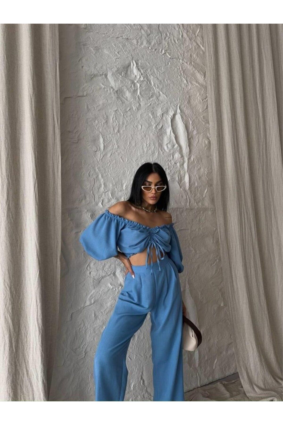 Albayrak KETEN CROP BLUZ BÜZGÜ YAKA + PANTOLON TAKIM - Mavi