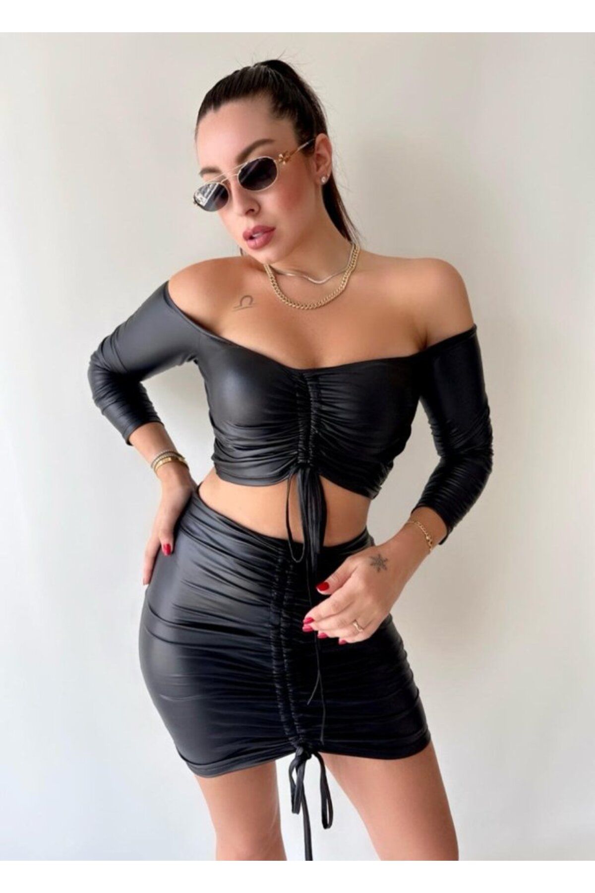fh fashionhere Kadın Büzgülü Deri Etek Takım Fırsat Ürün