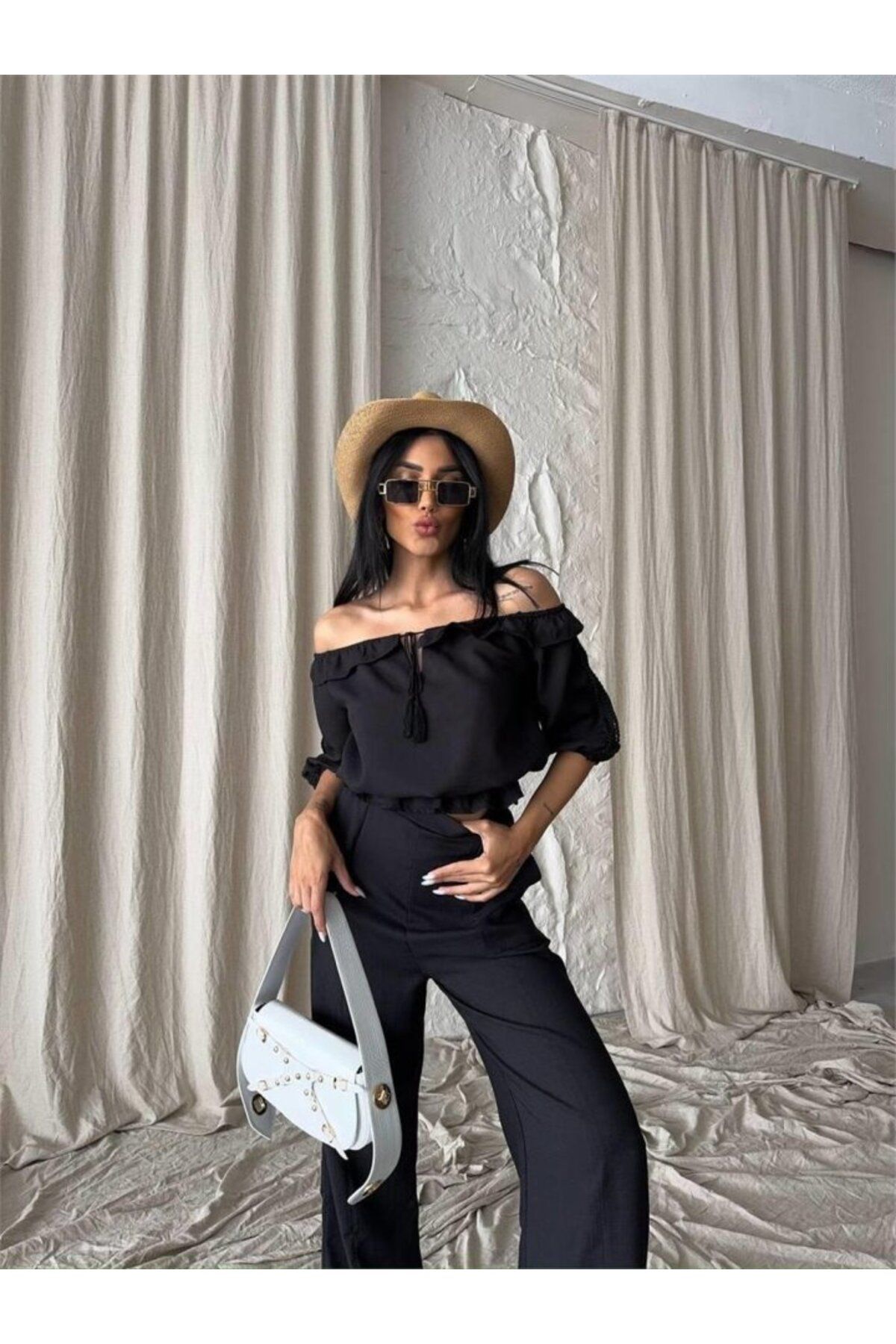 Deridün Yıldız Shoes KETEN MADONNA YAKA KOL HASIR ŞERİT - PANTOLON TAKIM - Siyah