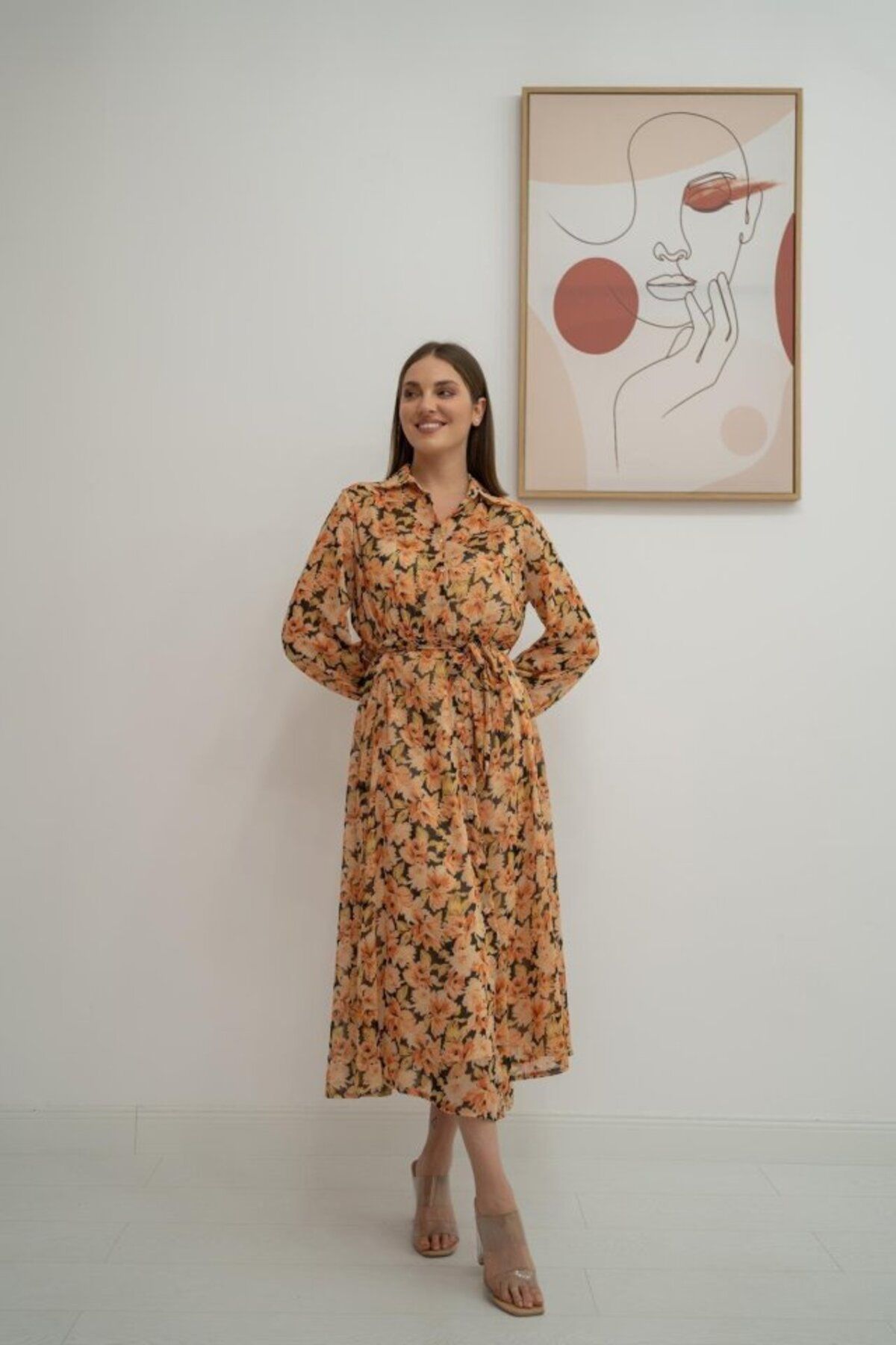 TUA MODA TUA MODA Desenli Kuşaklı Şifon Elbise