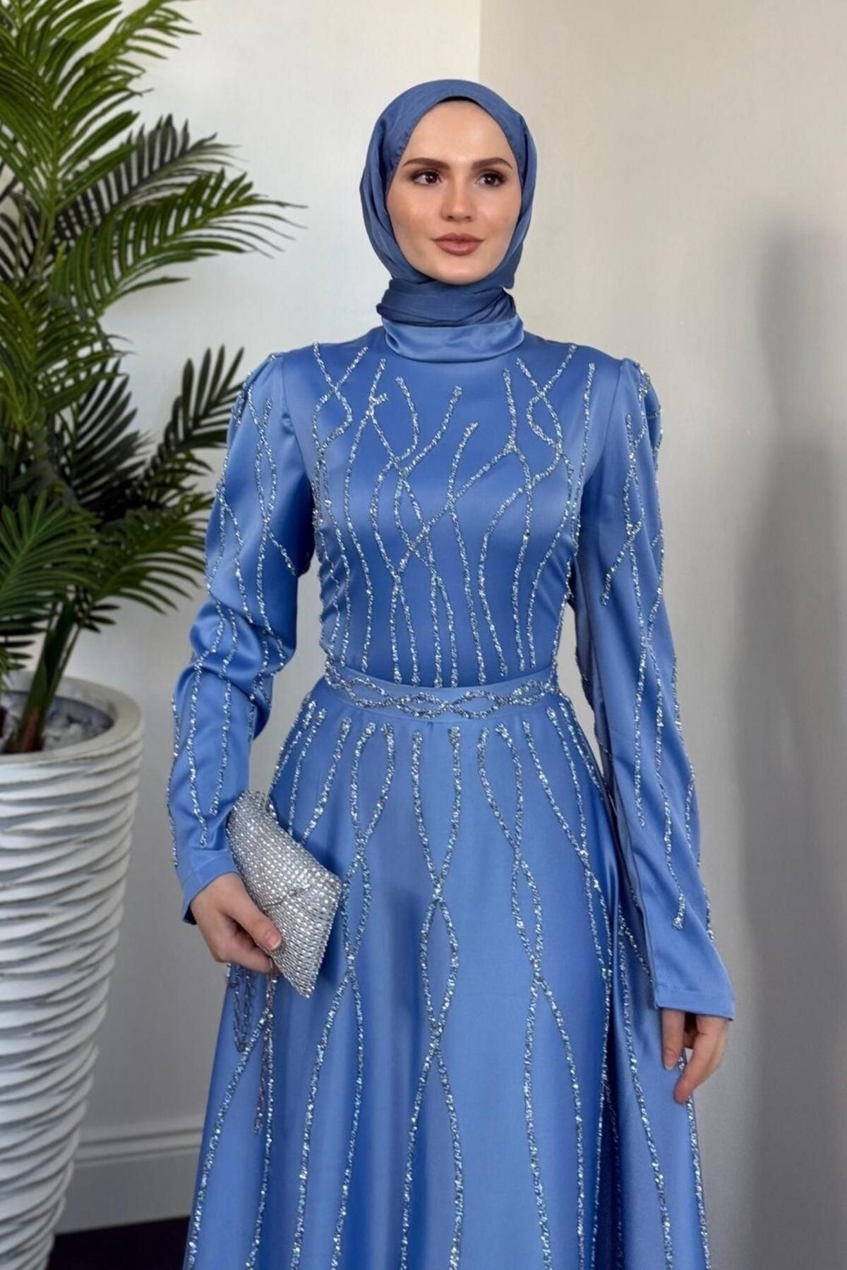MERVEN AKYÜZ-Rochie de seara Amaris Stone Albastru Baby 2