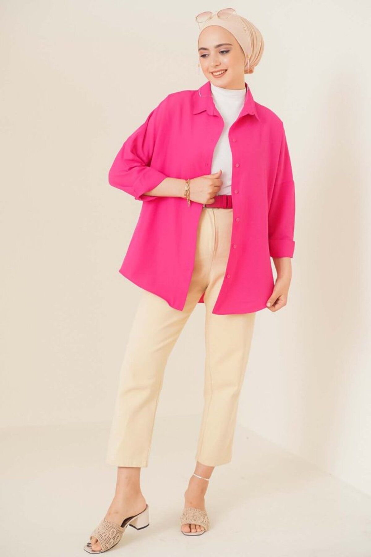 Gökyüzü Moda 103901 Oversize Basic Tesettür Gömlek - Koyu Pembe