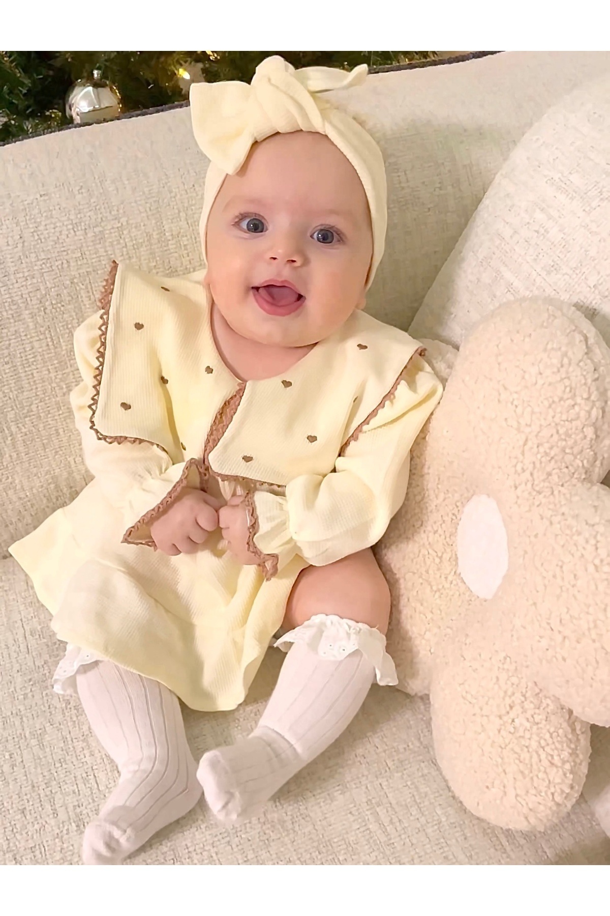 Jammybaby Maita Elbise Kalp Nakışlı Kare Mendil Yakalı %100 Pamuk Waffle Dantelli Bandanalı Kız Bebek Takım fotoğrafı 2 (önizleme)