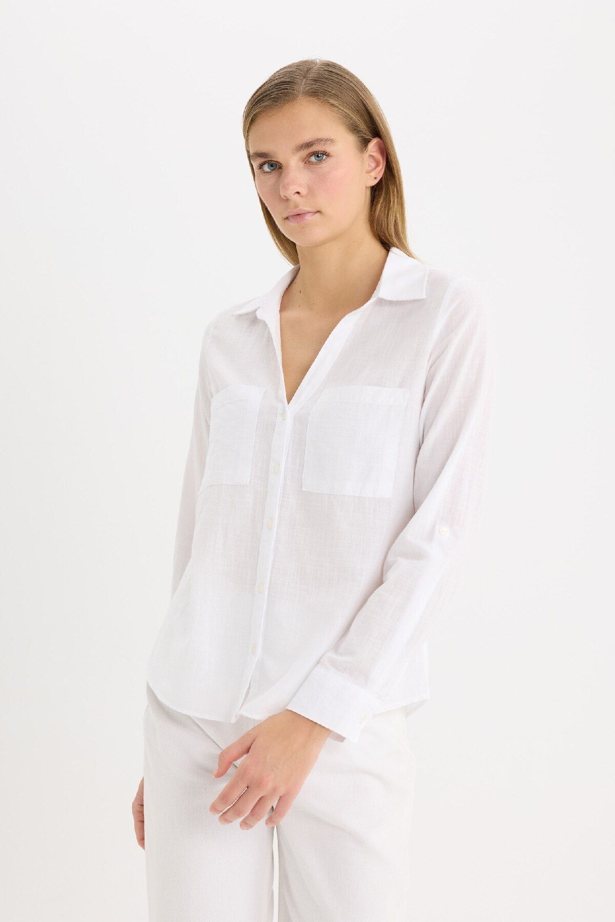 DeFacto-Regular Fit Basic Plain Linen Blended White Long Sleeve Shirt V2522Az25Sp 3