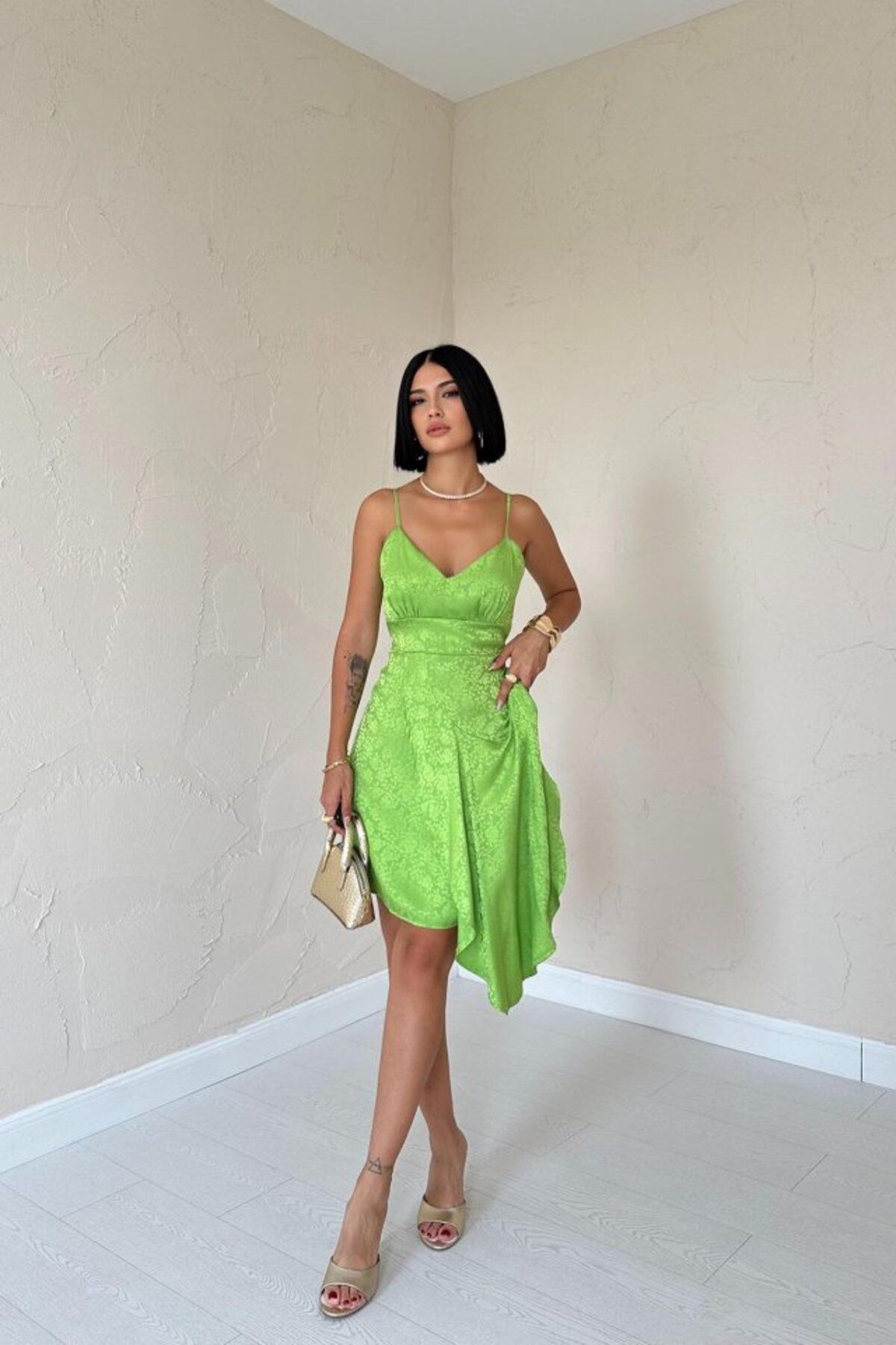 fh fashionhere Yeşil Jakarlı Asimetrik Elbise