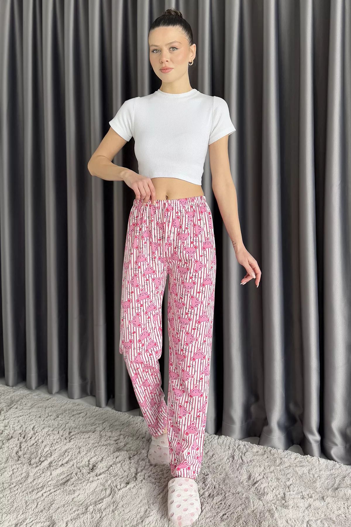 GÜLSELİ Pembe Desenli Bel Lastikli Kadın Pijama Altı