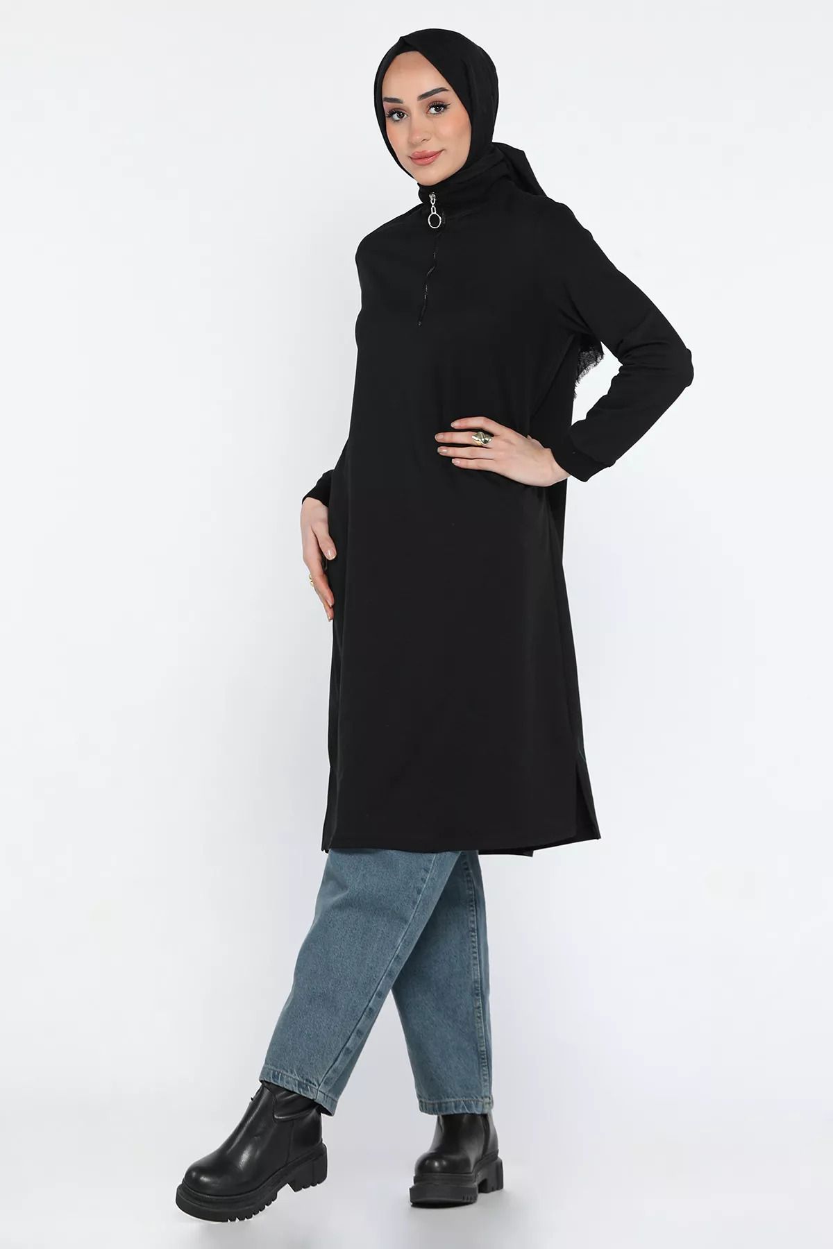 julude-Μαύρο γυναικείο γιακά με μισό φερμουάρ Hijab τουνίκ 2