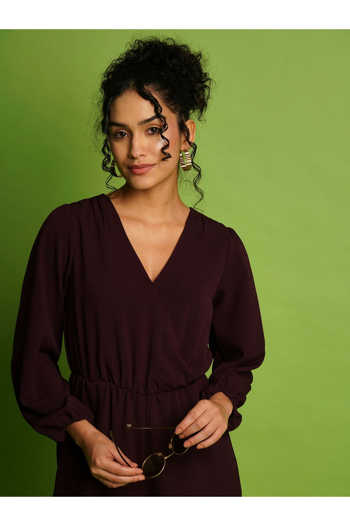 Globus By Styli-Solid V-Neck Balloon Sleeves Wide Leg Jumpsuit 5