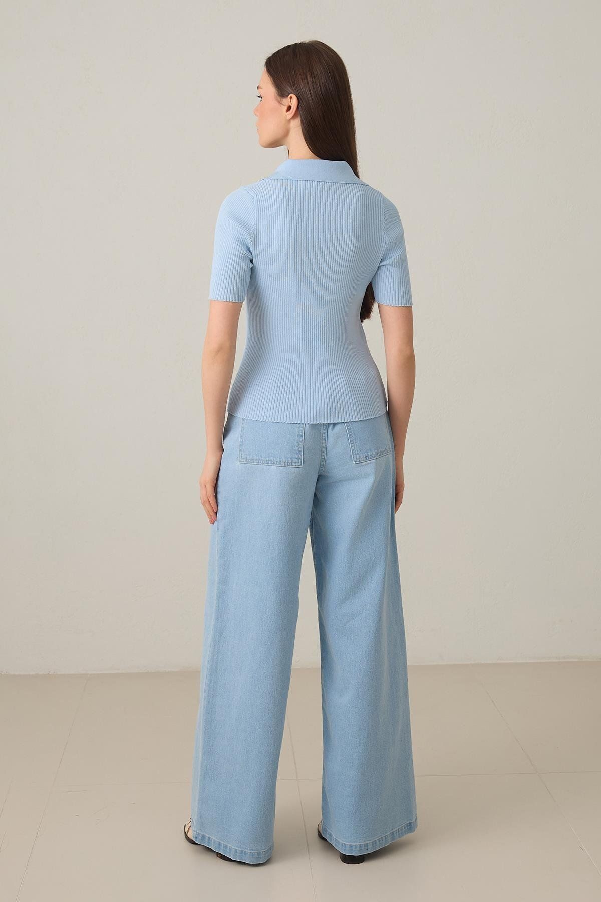 Setre-Baby Blue Shirt Collar Short Sleeve Knitwear Blouse 4