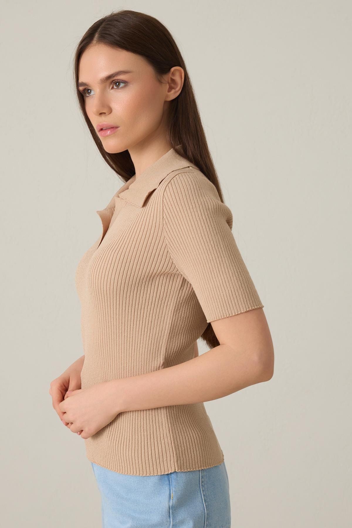 Setre-Bluză din tricot cu mânecă scurtă cu guler cămașă bej 3