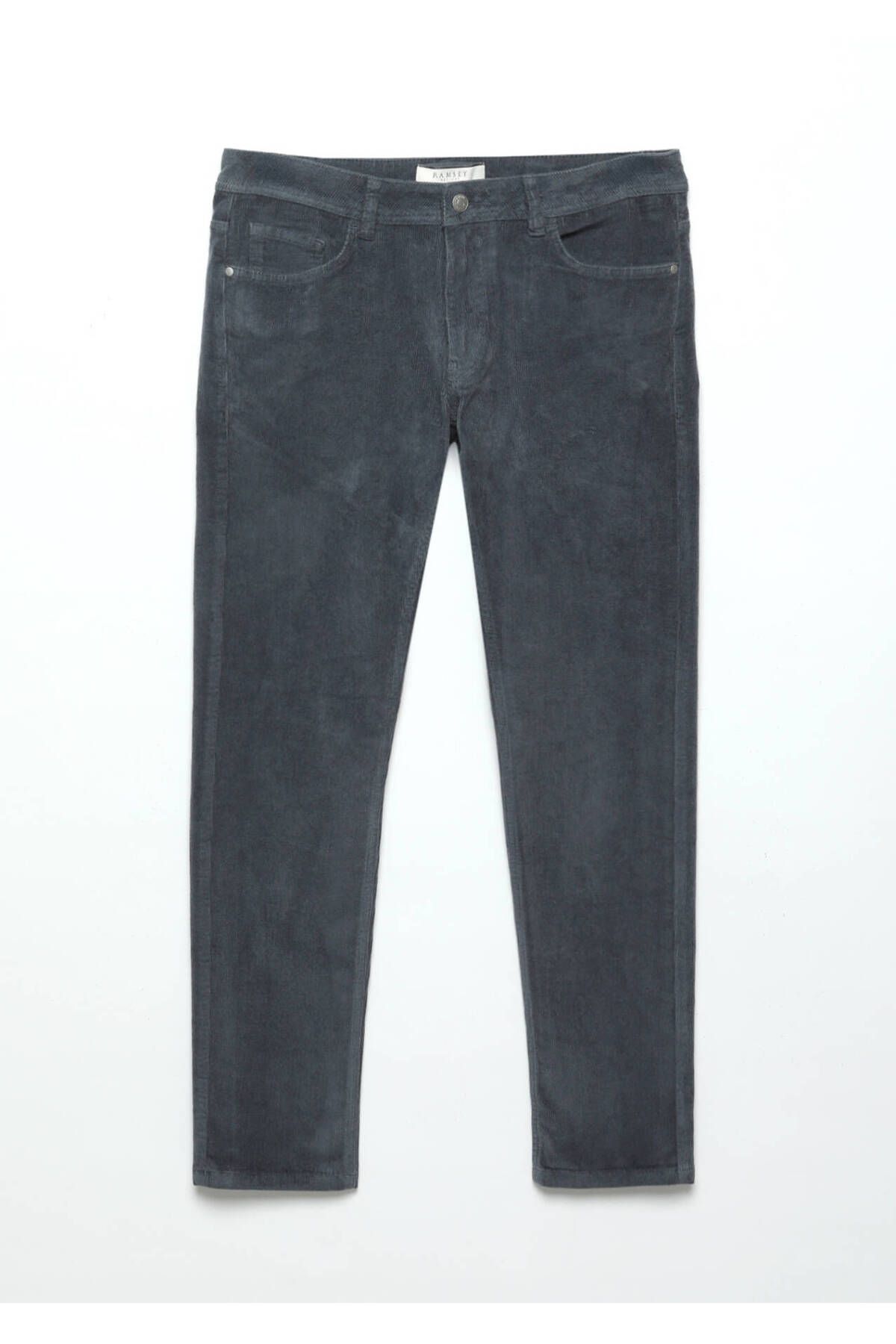 Ramsey-Μπλε ριγέ υφαντό Slim Fit Velvet Casual βαμβακερό παντελόνι 5