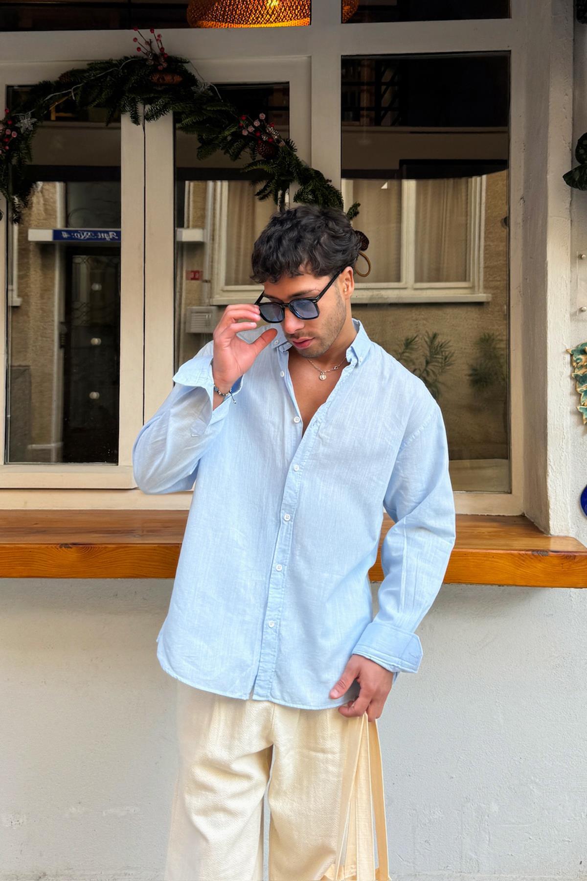 Flaw Wear  Basic Keten Gömlek Mavi - Görsel 7