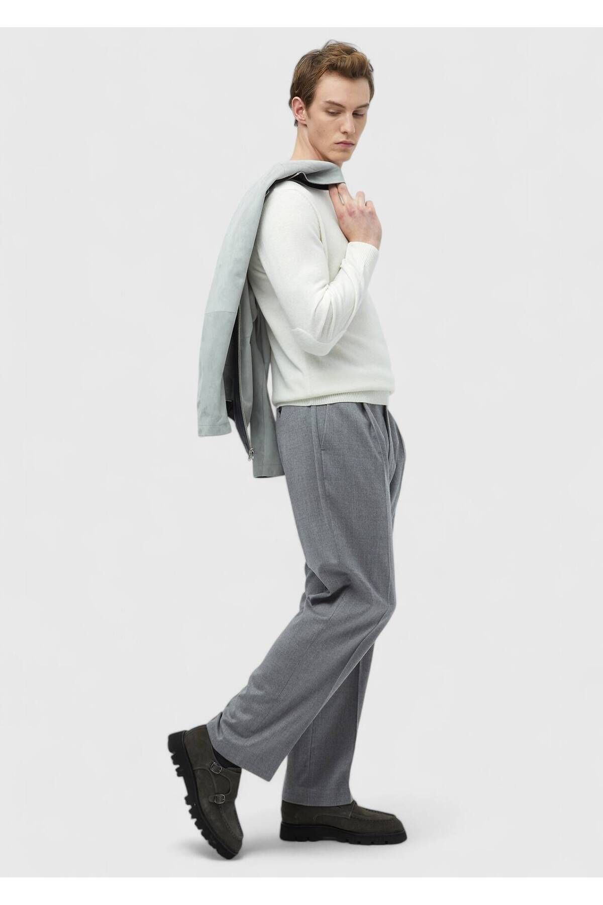 Ramsey-Ecru Crew Neck Plain Knitted Wool Blended Knitwear 2