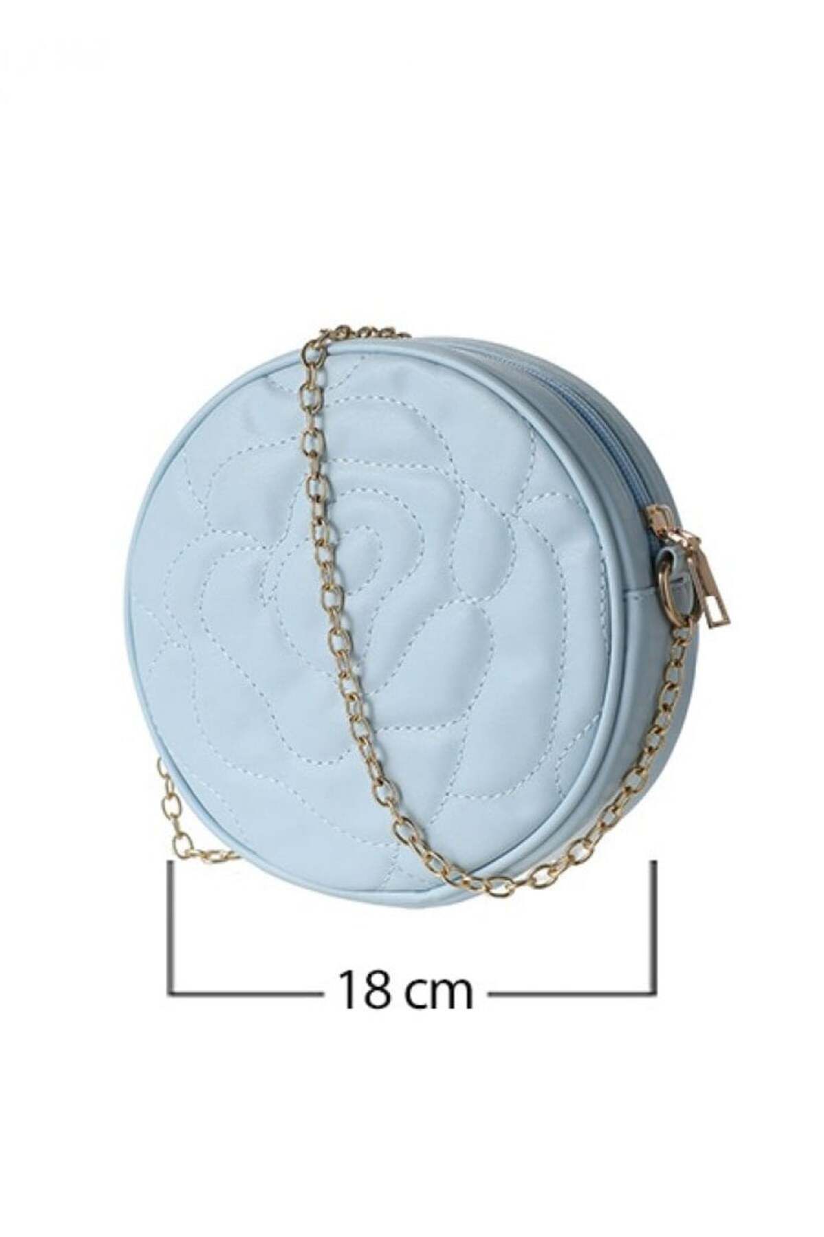 Miniso-Rose Pattern Quilted Round Shoulder Bag with Chain - Blue 4