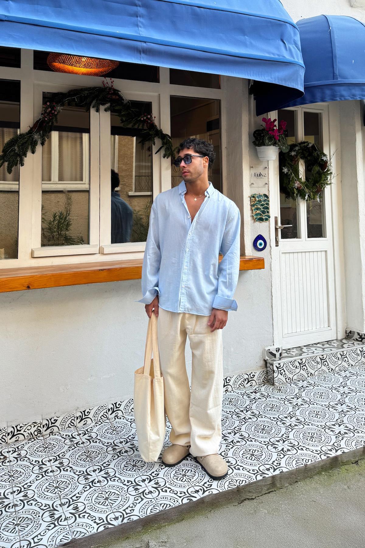 Flaw Wear  Basic Keten Gömlek Mavi - Görsel 2