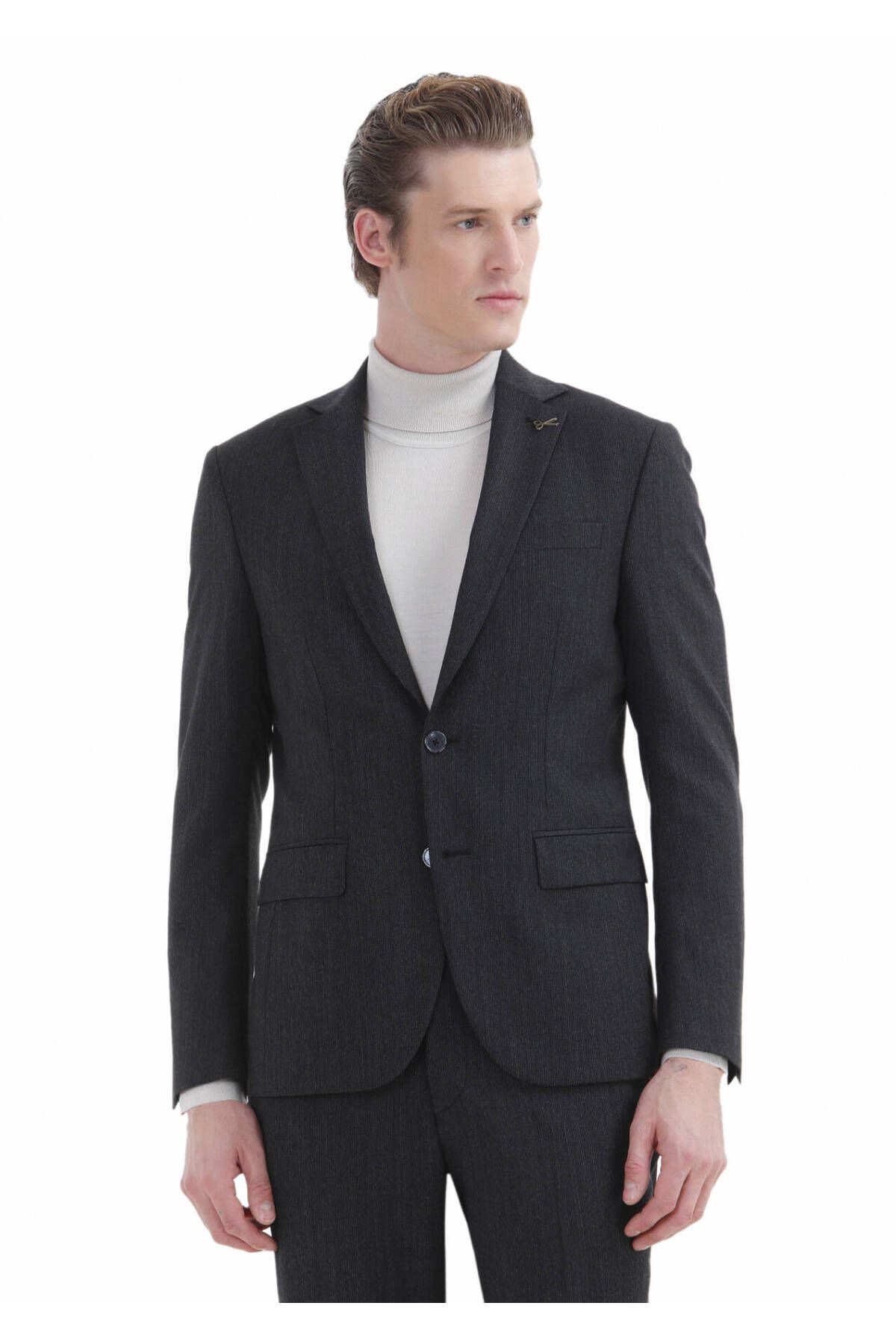 Ramsey-Modern Fit Anthracite Striped Wool Blended Suit 3