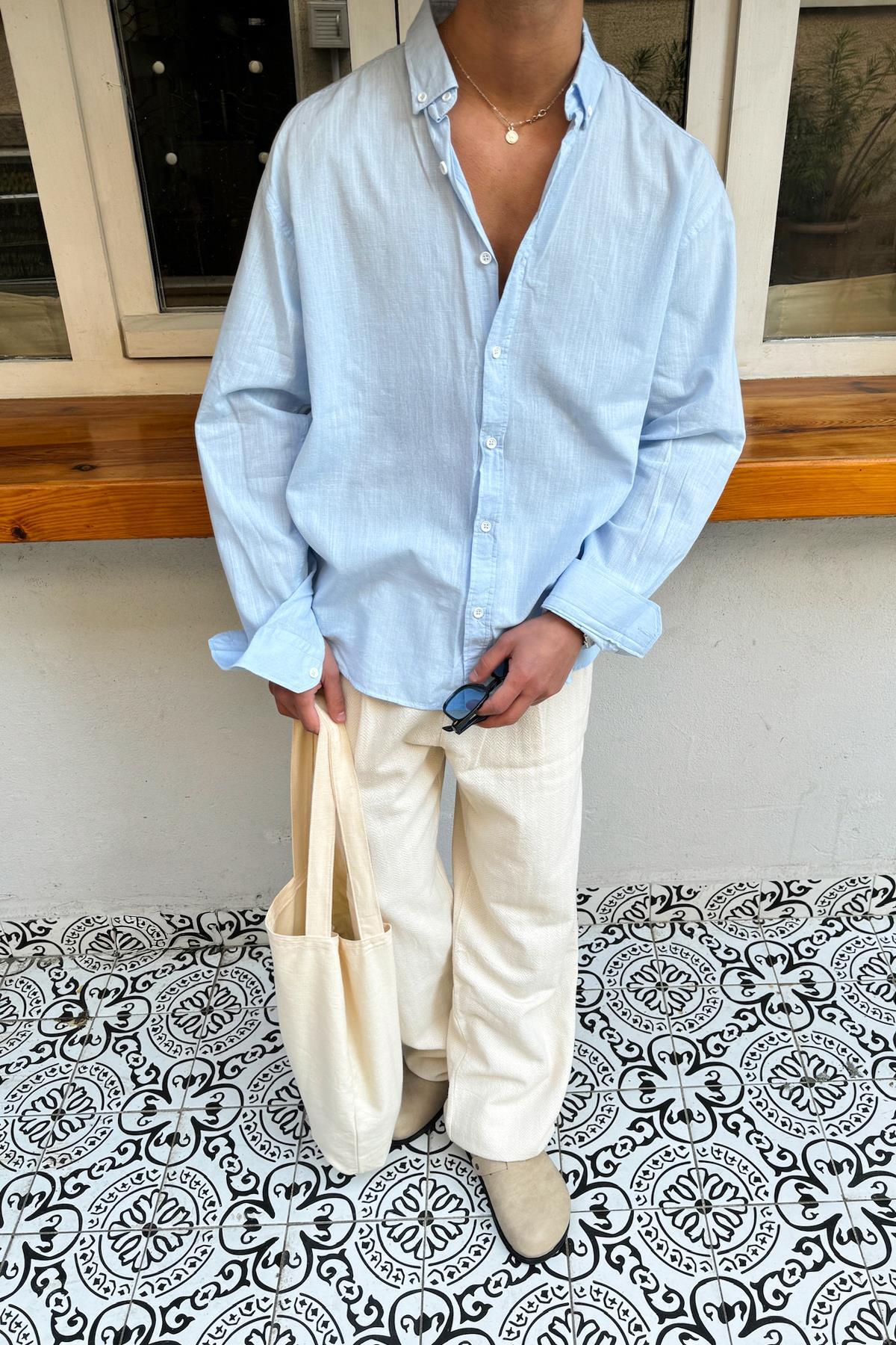 Flaw Wear  Basic Keten Gömlek Mavi - Görsel 3