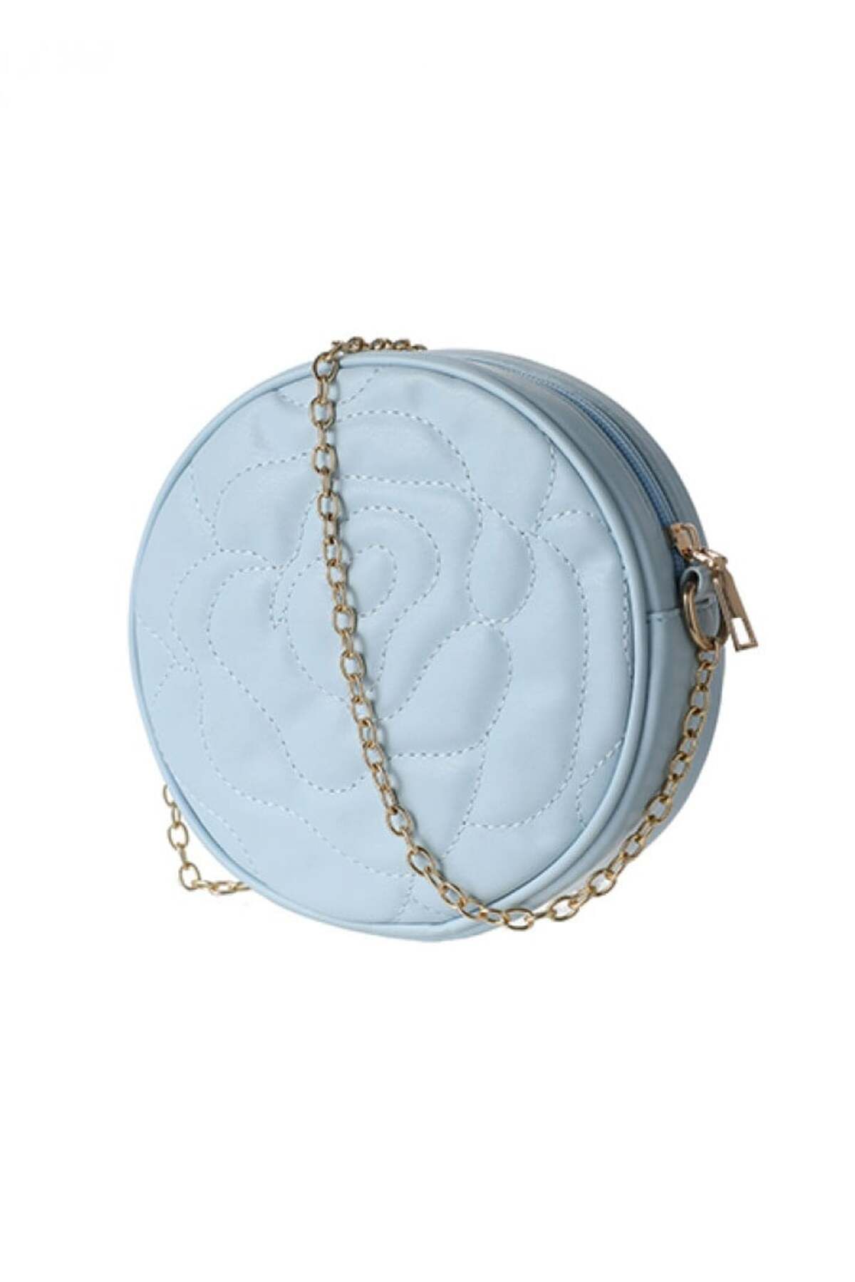 Miniso-Rose Pattern Quilted Round Shoulder Bag with Chain - Blue 1