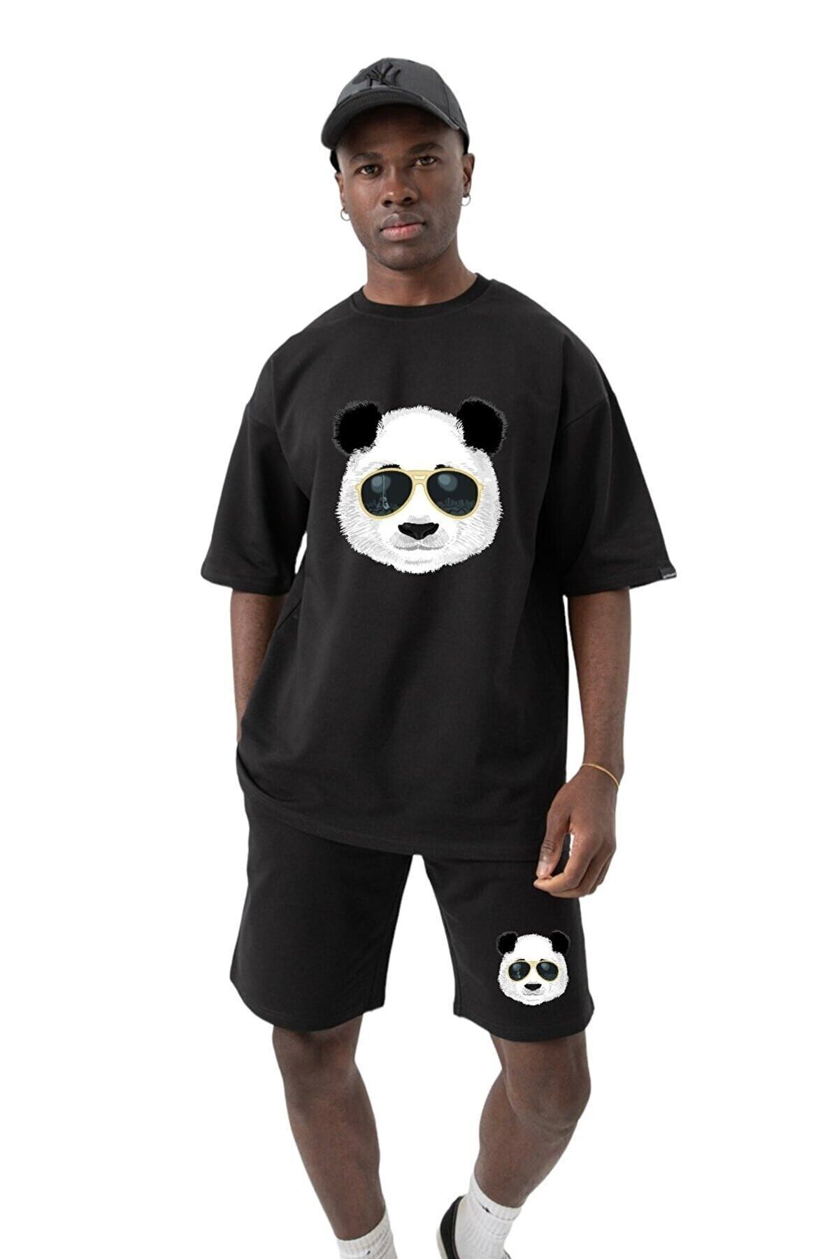 NO 601 Set De Pantaloni Scurți Tricou Cu Imprimeu Panda Cu Ochelari Negri Pentru Bărbați Unisex - S