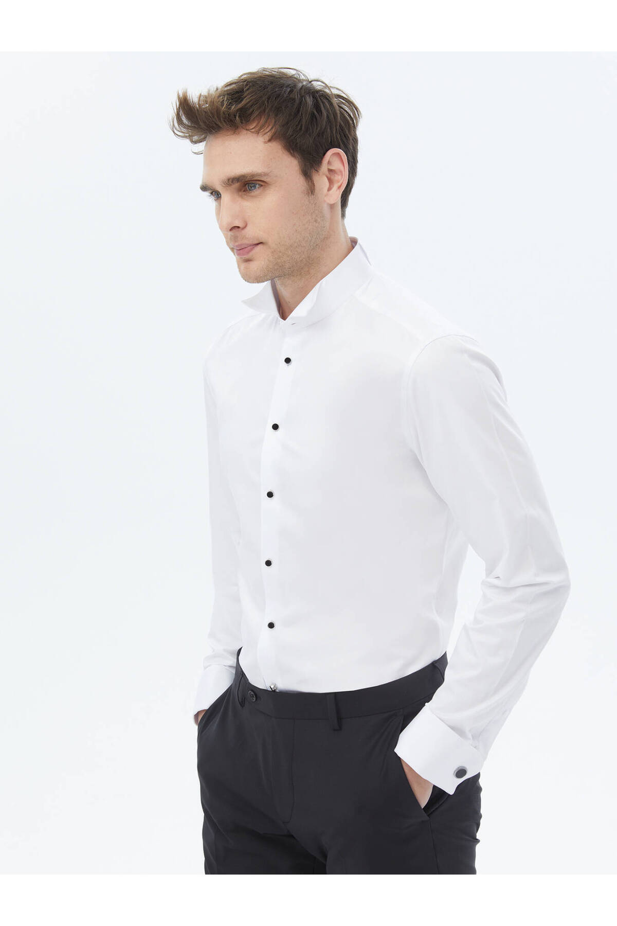 Kip-White Plain Slim Fit Double Cuff Turtle Collar Tuxedo Shirt 4
