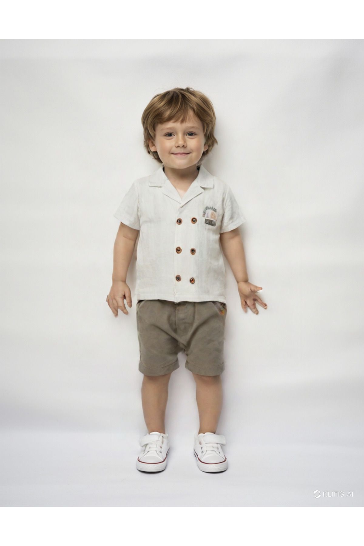 damdamin-Baby Boys Double Breasted Lapel Double Button Shirt & Cotton/Linen Shorts Set 1