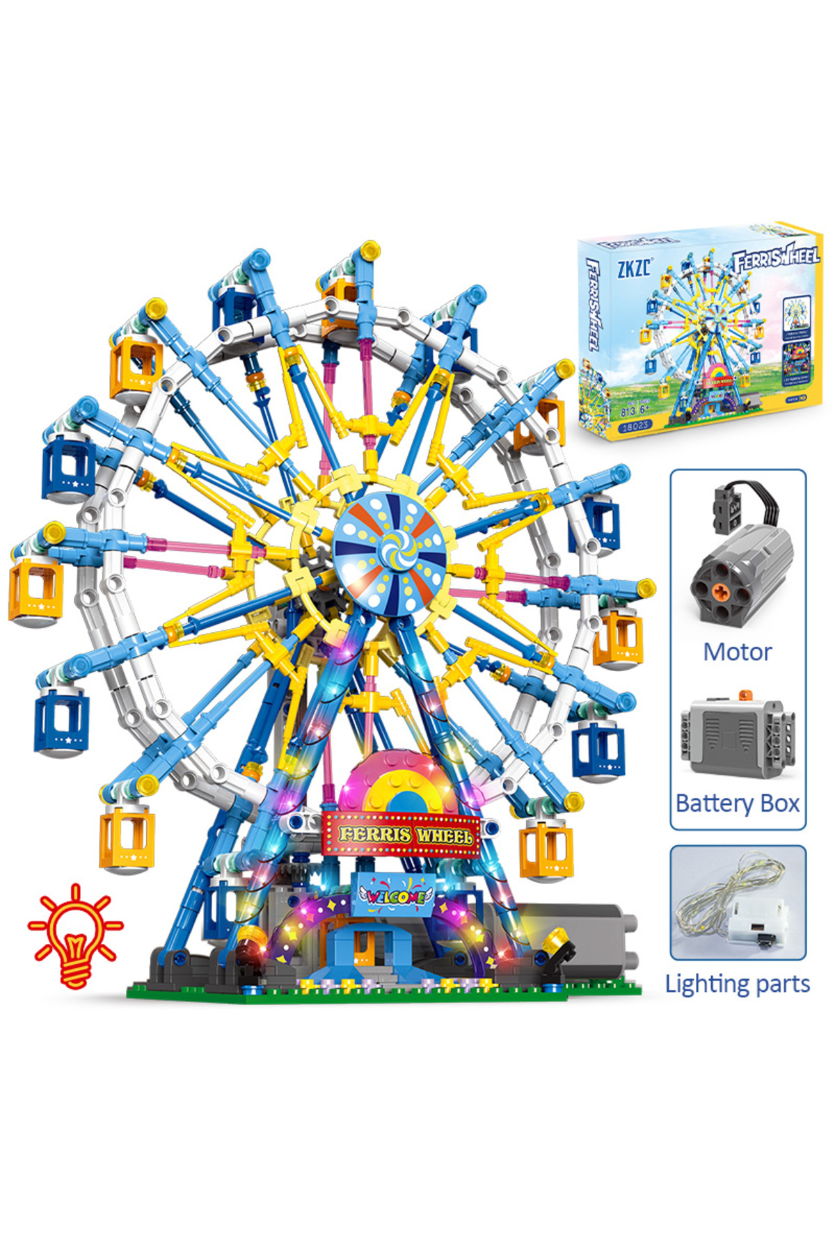 با جعبه NEW ZKZC بلوک‌های ساختمانی چرخ‌وفلک چرخان MOC دوستان شهری با چراغ و برقی