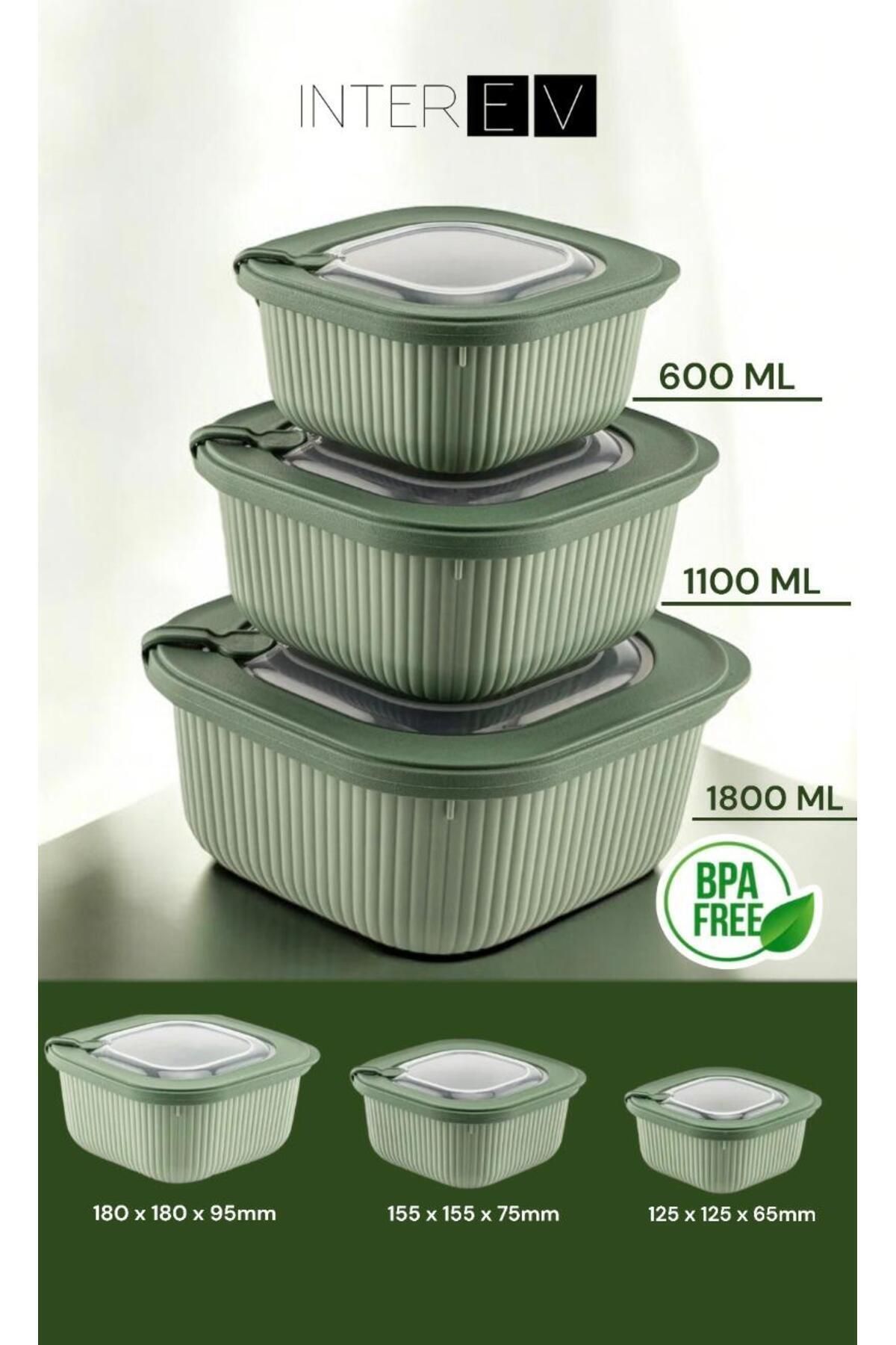 INTEREV-Set of 3 (600-1100-1800ml) Microwave and Diffuse Suitable Special Lid Storage Container Set Blue 2