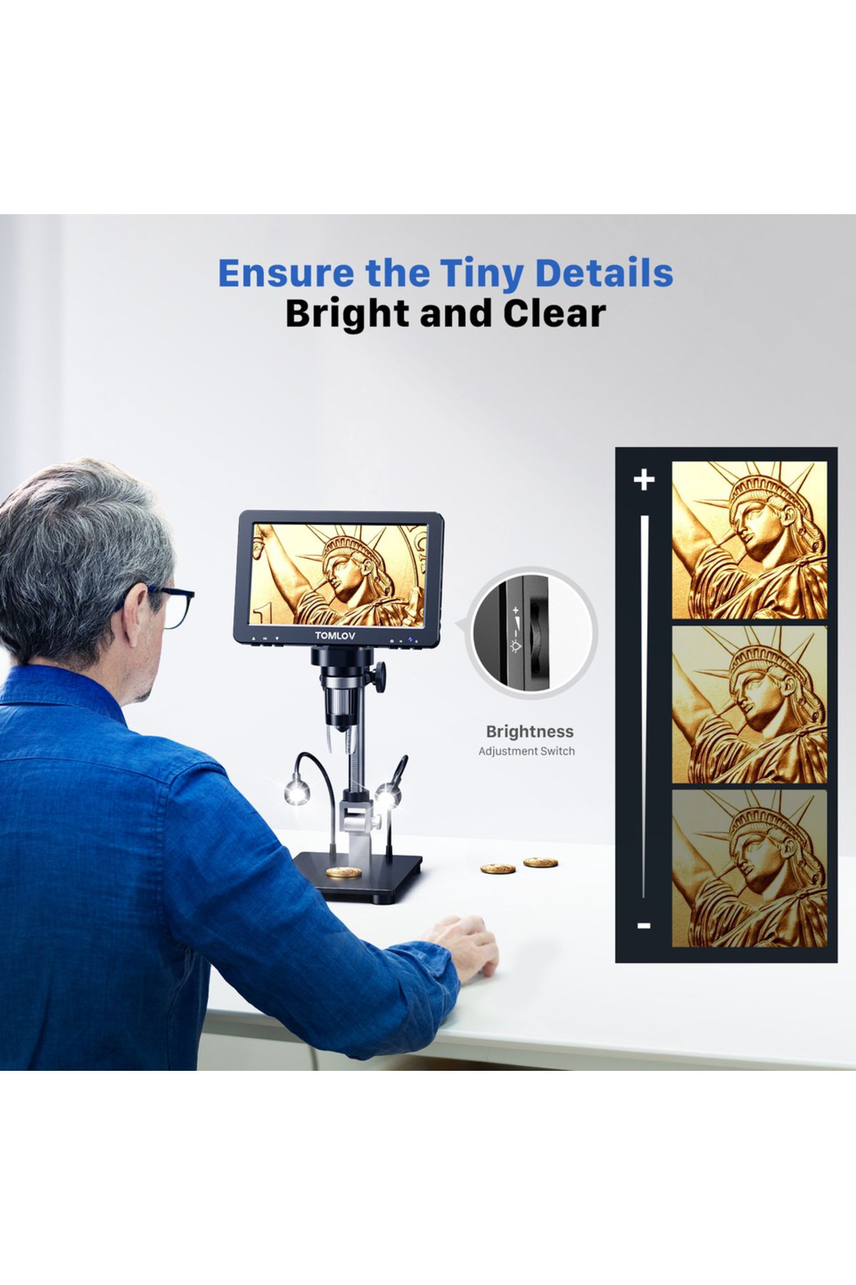 Choice-1200X TOMLOV DM9 Pro HDMI Digital Microscope 7'' IPS Screen Microscopes 1200X Entire Coin View 16MP 6