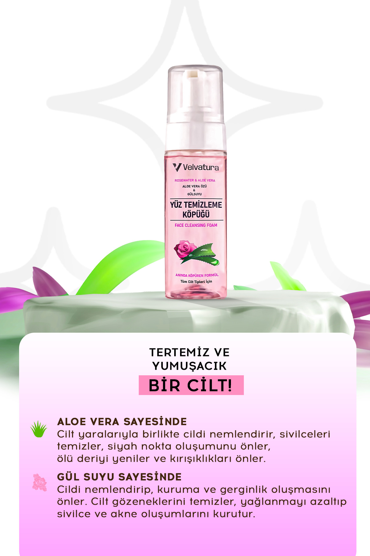 Yüz Temizleme Köpüğü Gül Suyu Ve Aloe Vera Yıkama Köpüğü Canlandırıcı, Ferahlatıcı Etkili 150 ml — yuztemizleme — تصویر 6 از 6