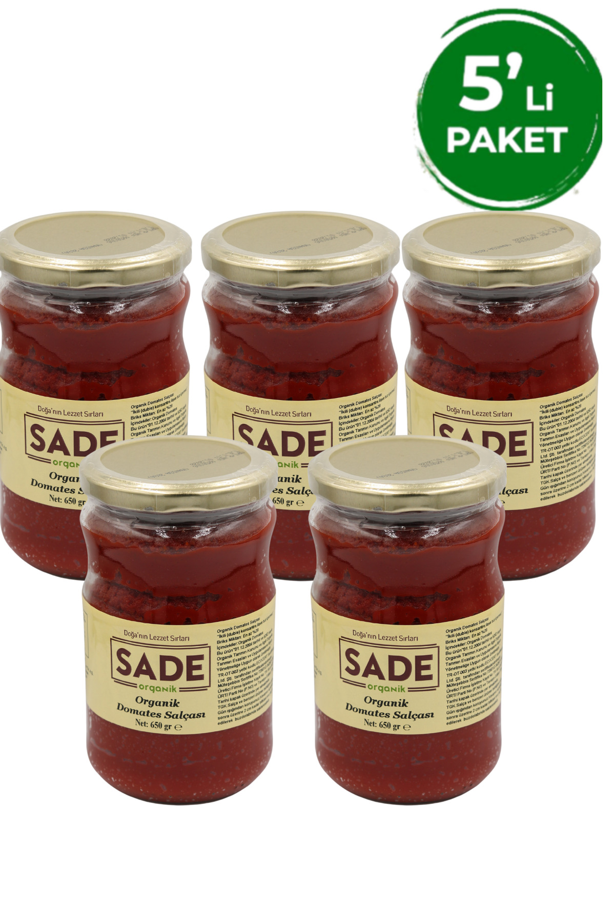 Sade Organik Domates Salçası 5x650 gr - Fiyatı, Yorumları
