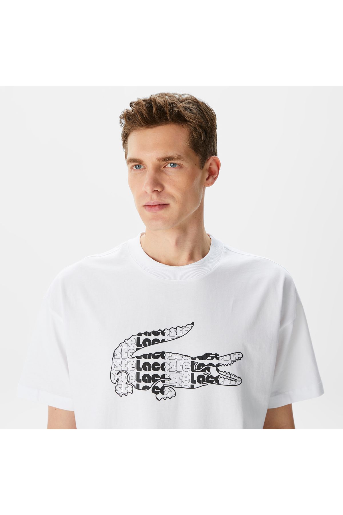 تی شرت سفید مردانه یقه دوچرخه مناسب طرح دار Lacoste