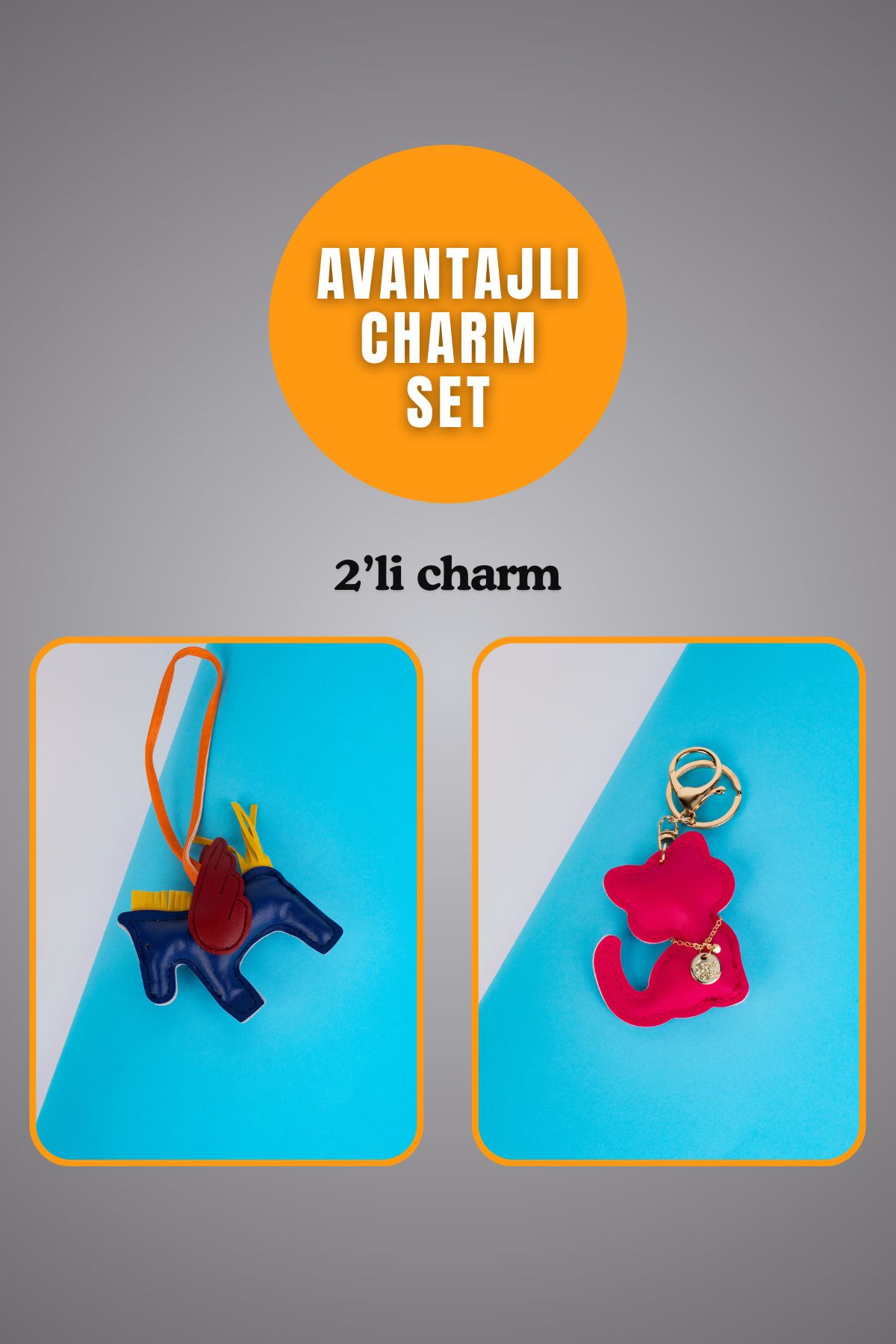 minebag Hayvan At Figürü Lacivert Ve Hayvan Kedi Figürü Fuşya Charm Set