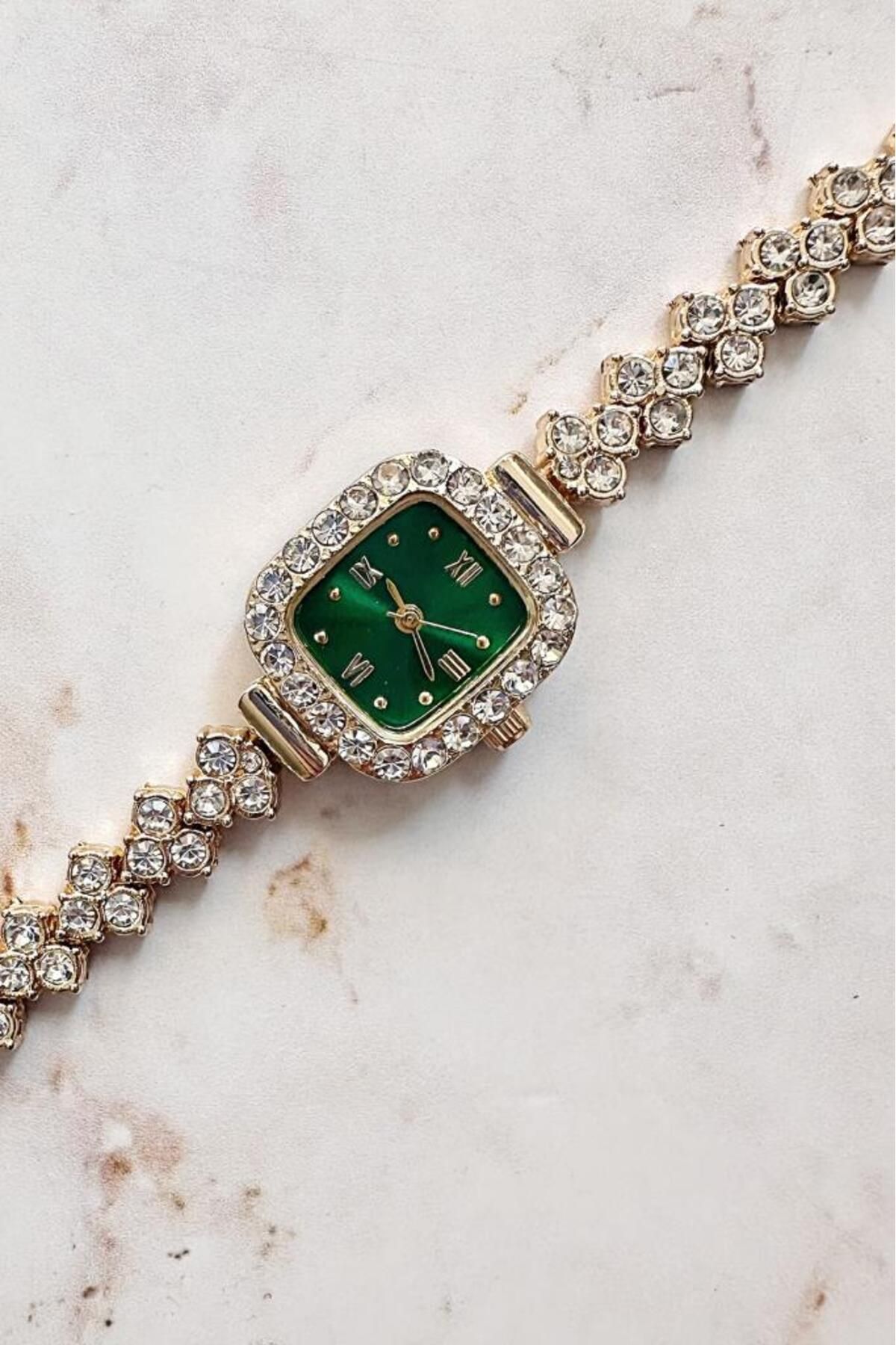 OQQO-Oceanus Gold Green Stone Women's Wristwatch 3