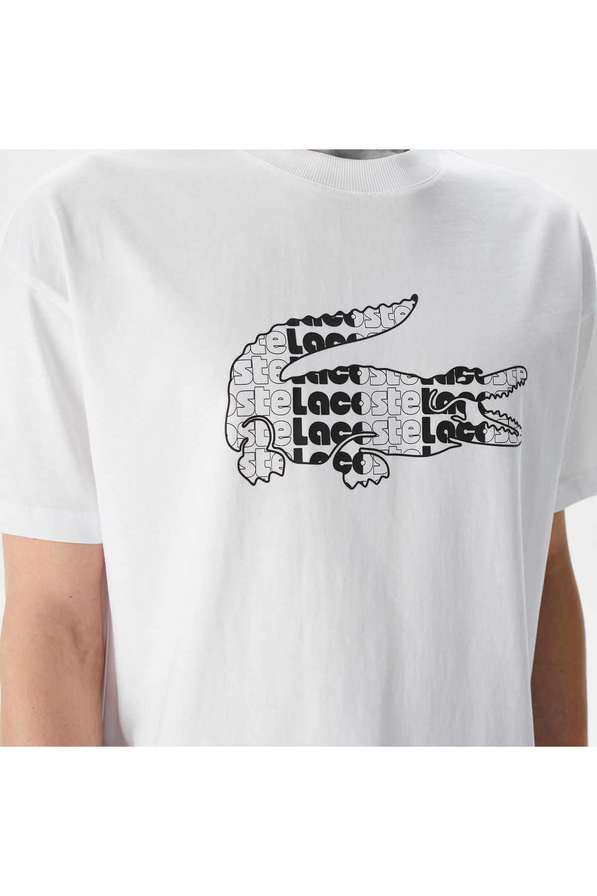 تی شرت سفید مردانه یقه دوچرخه مناسب طرح دار Lacoste