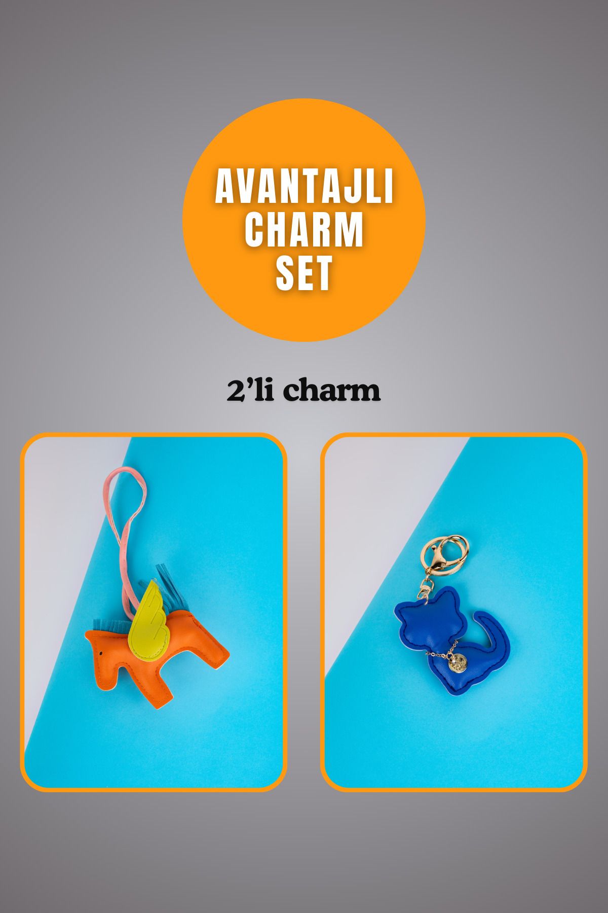 minebag Hayvan At Figürü Turuncu Ve Hayvan Kedi Figürü Mavi Charm Set