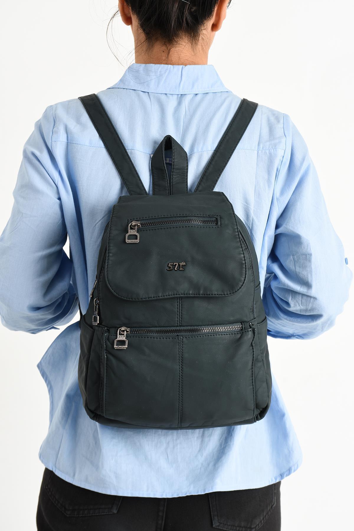 571 Collections Çanta  Yıkanmış Deri Sırt Çantası Mavi (Model: 571-9-11A) - Görsel 2