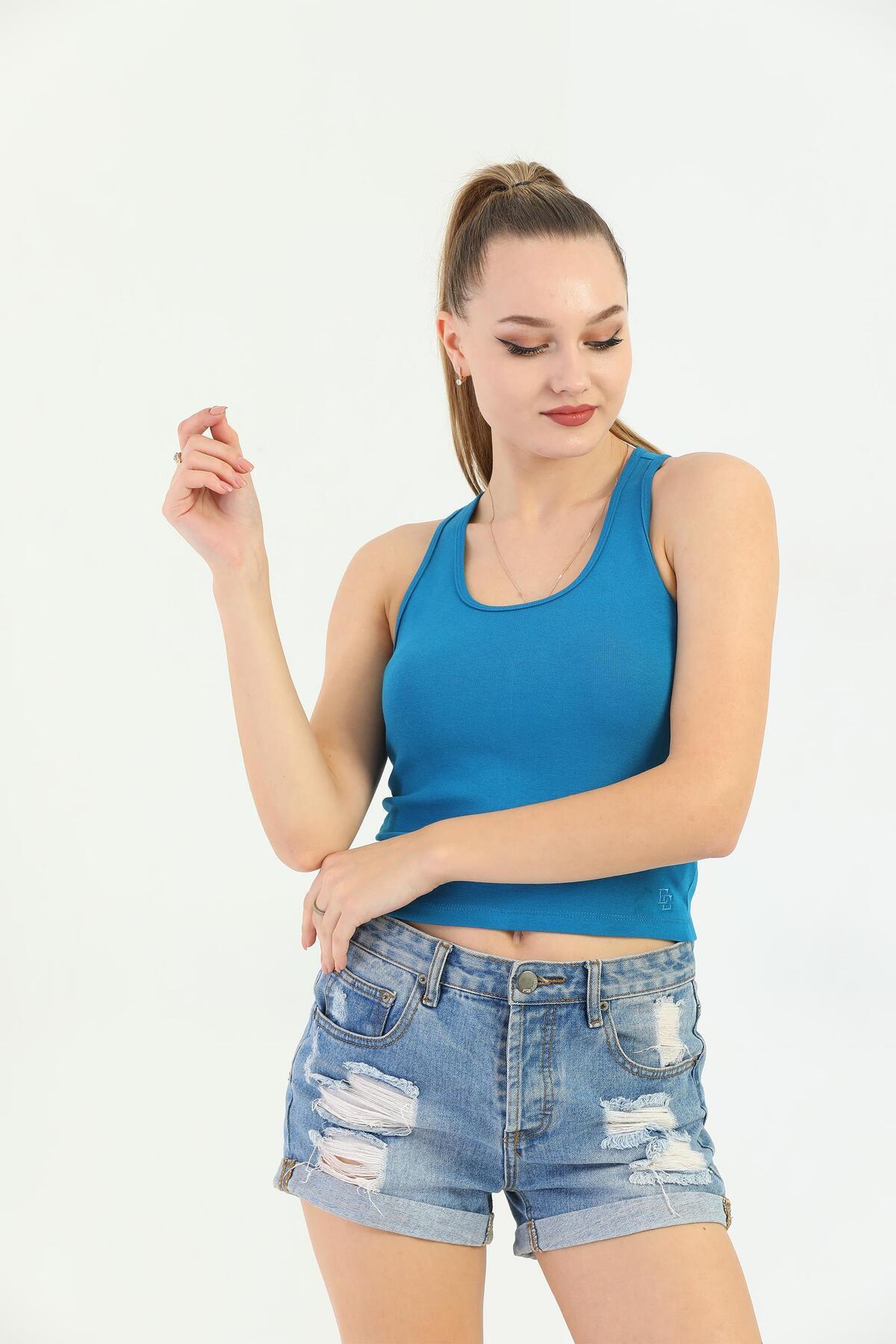 Edelle-Blue Cross Strap Ribbed Women's Tank Top 2