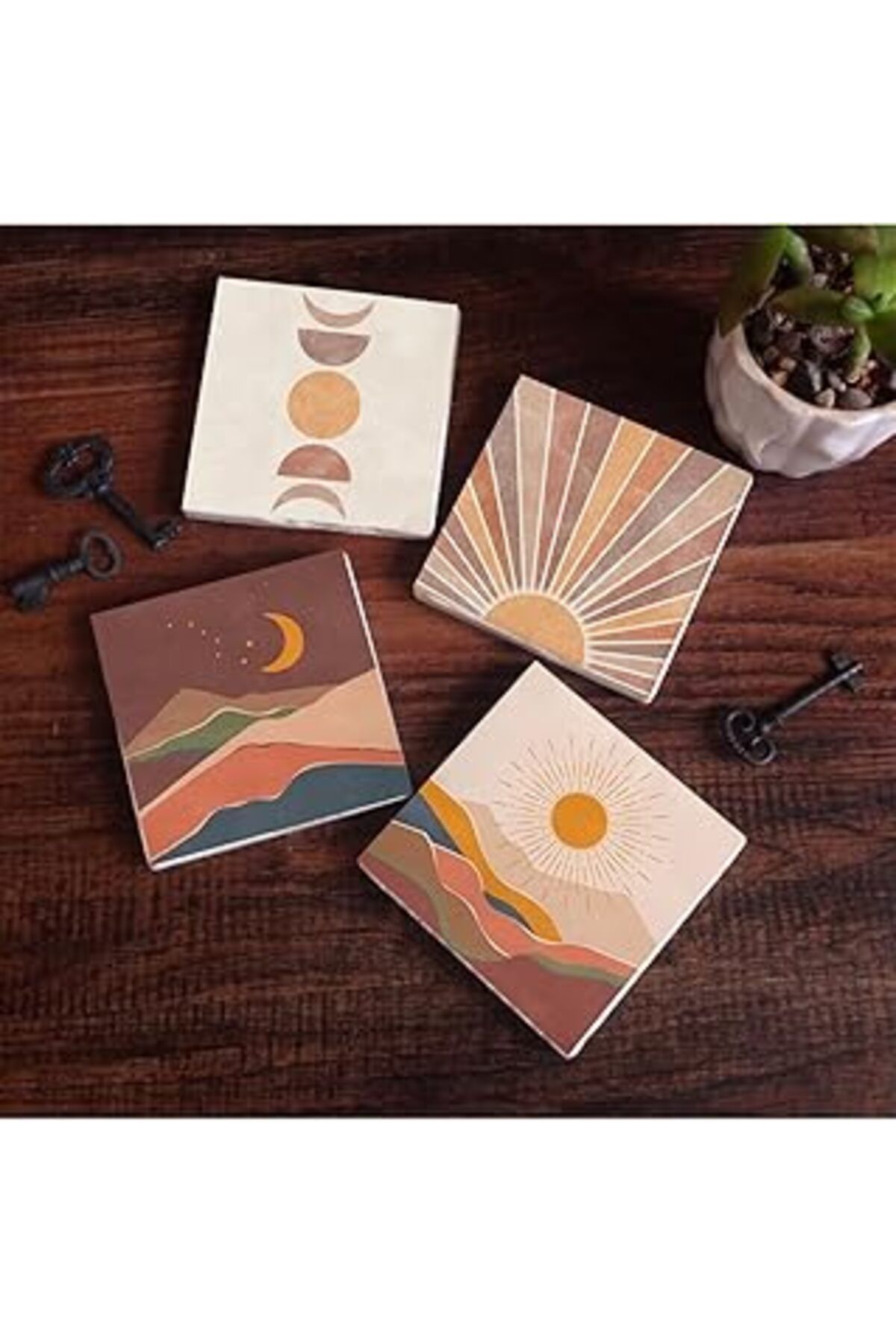 Mu Art Pinecone Bohem, Minimalist Soyut Taş Bardak Altlığı Seti - 4 Parça - Dekoratif, Rustik Mutfak Akses