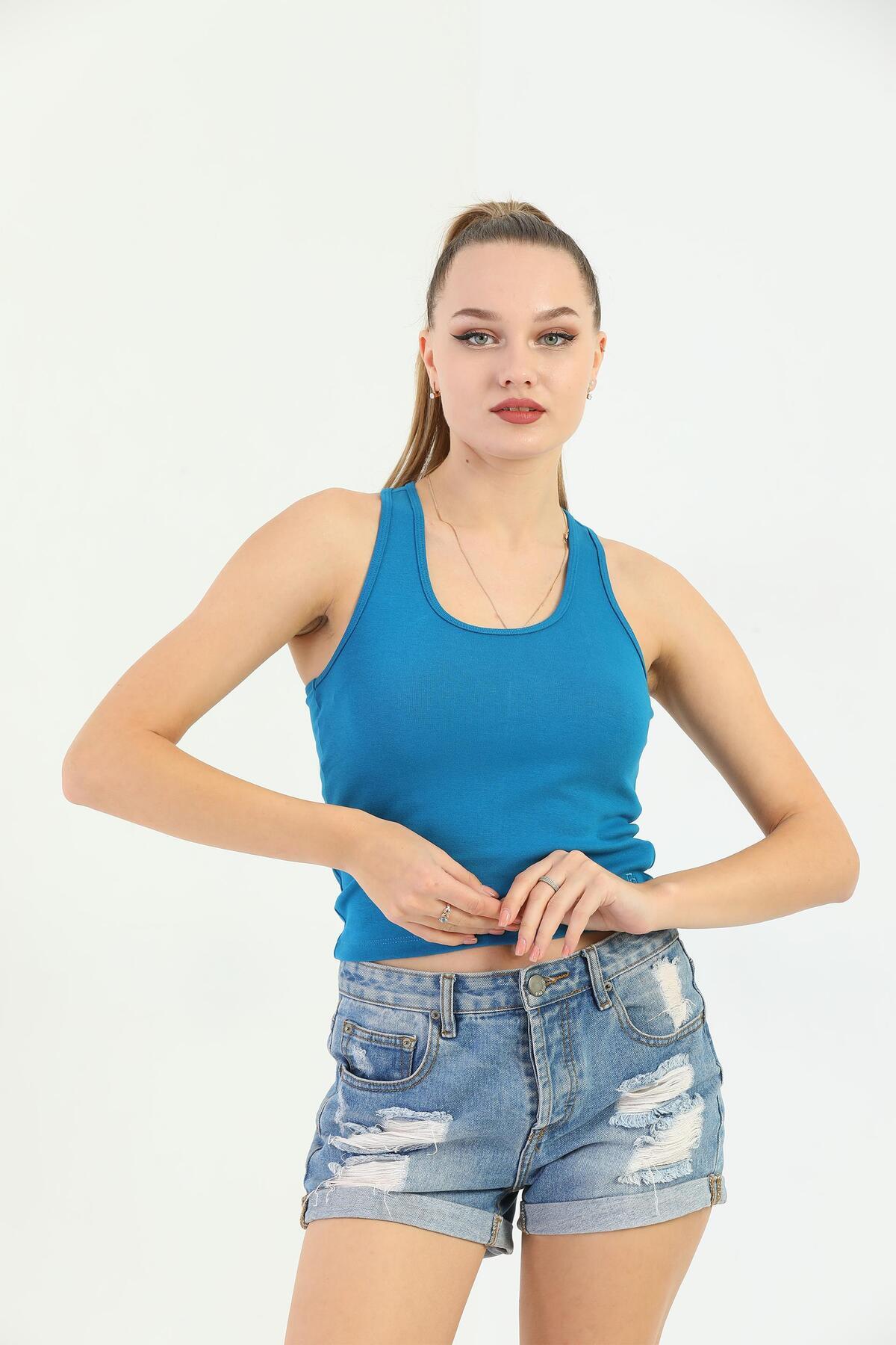 Edelle-Blue Cross Strap Ribbed Women's Tank Top 3