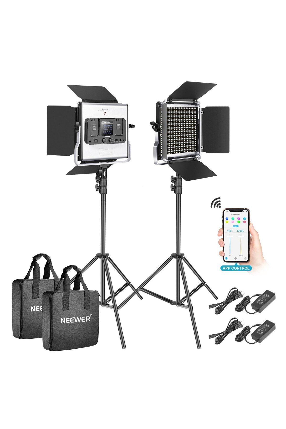 NEEWER Kit 2 Panouri Neewer Bi Color 530 Led, Trepiezi 200 Cm, Cabluri Alimentare, Gentute Transport - One Size