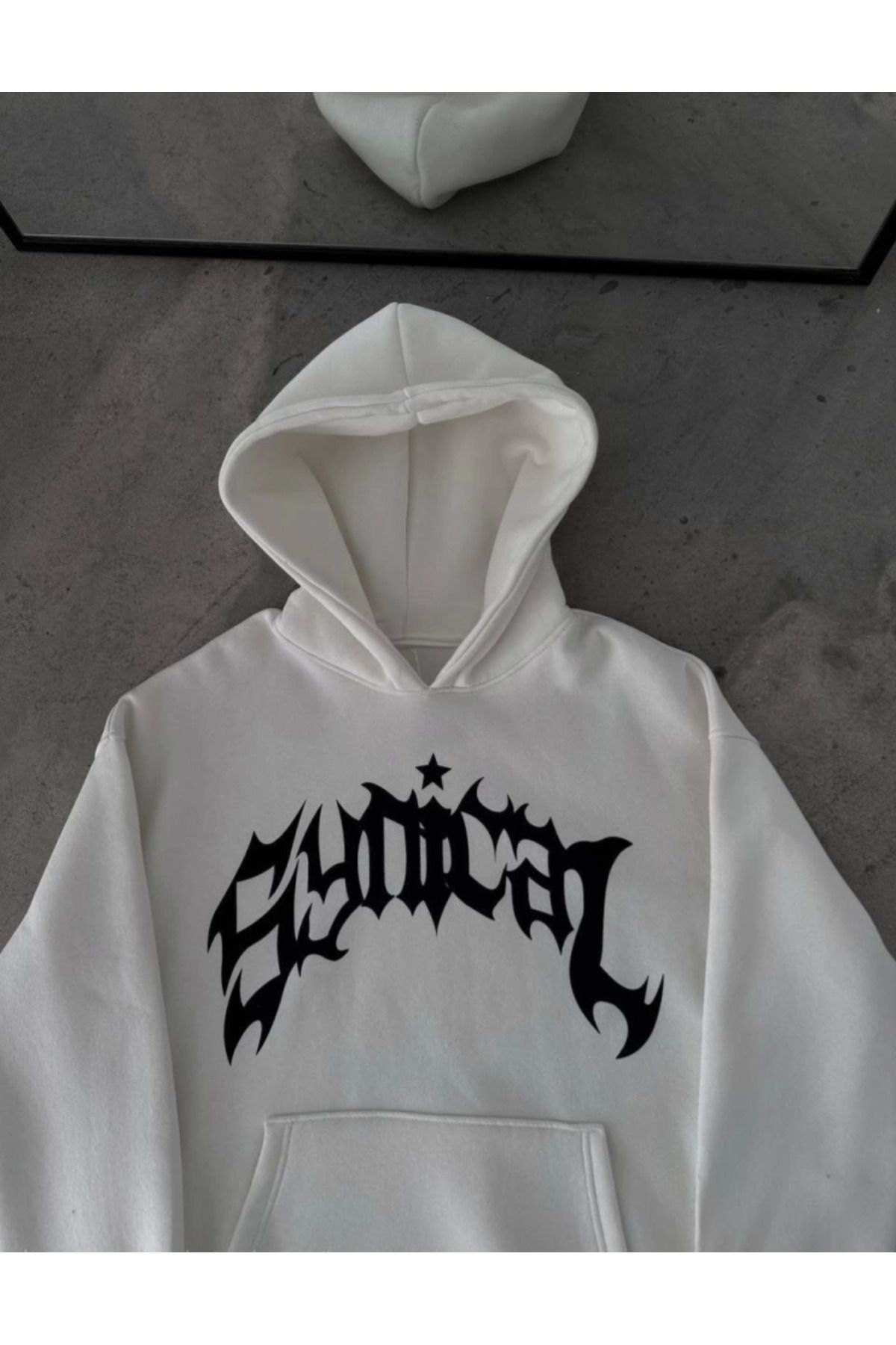 NİDAM BUTİK Kışlık Kapşonlu Baskılı Oversize SweatShirt- Beyaz