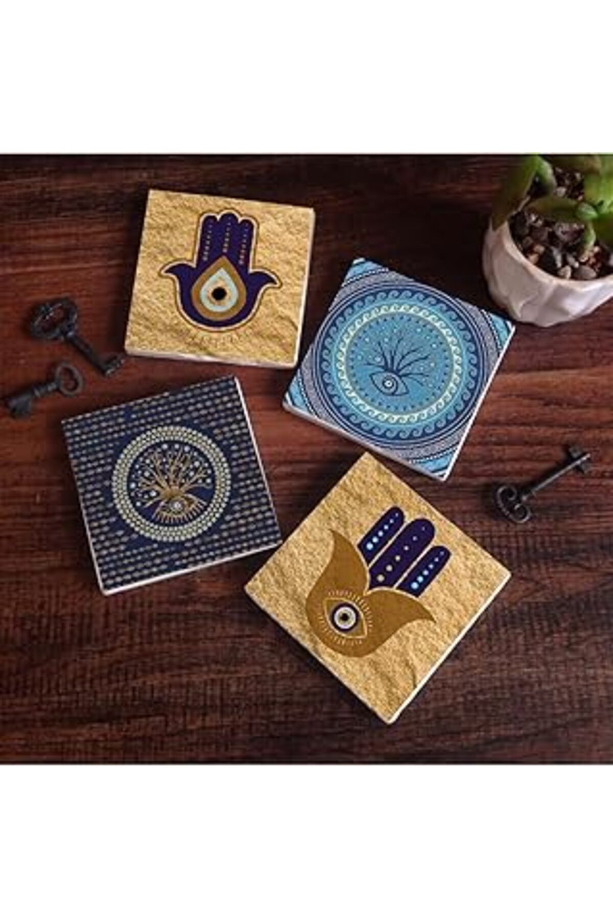Pazarcan Pinecone Fatma Ana Eli (Hamsa), Nazar Ağaç Taş Bardak Altlığı Seti - 4 Parça - Dekoratif, Rustik Mu