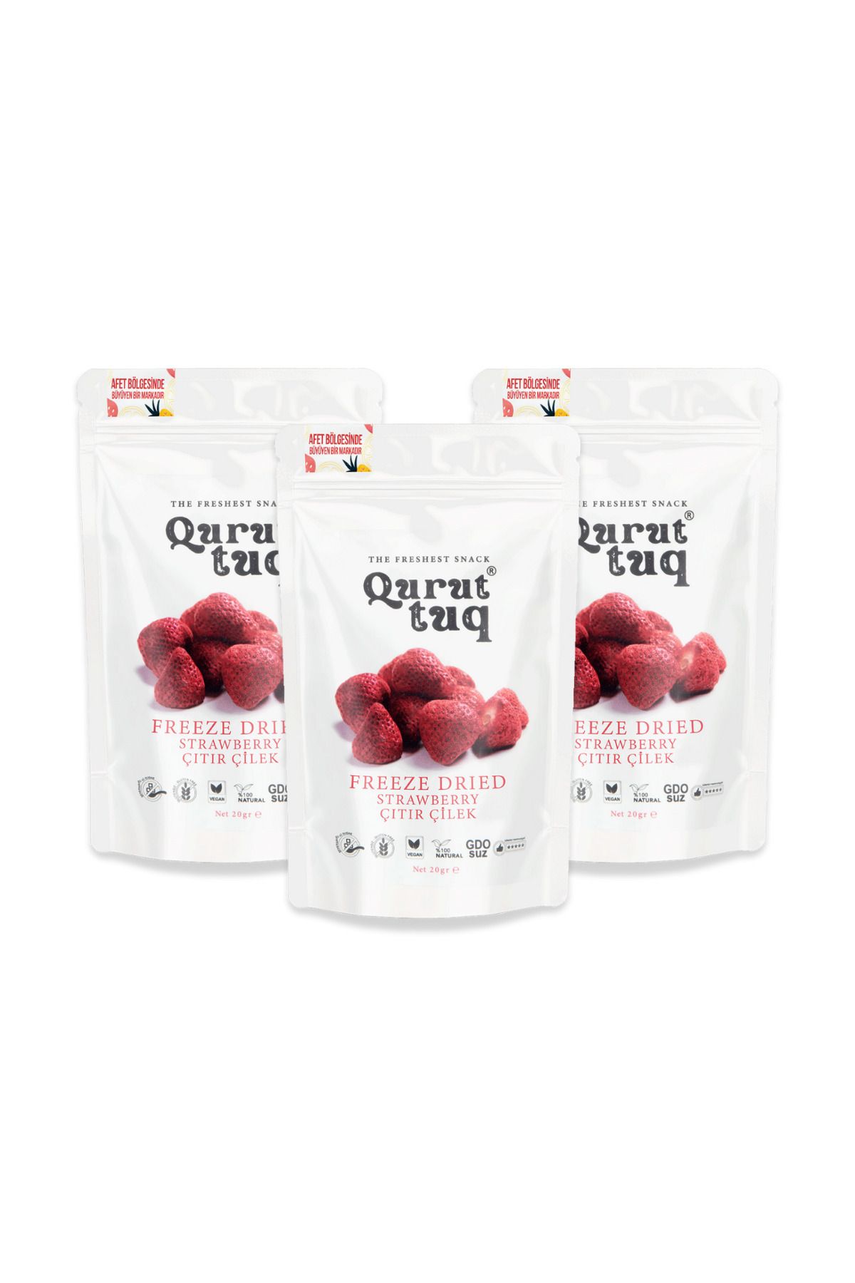 qurut tuq 3'lü Paket Freeze Dried Bütün Çilek - Freeze Dry Meyve Kurusu 3x20gr